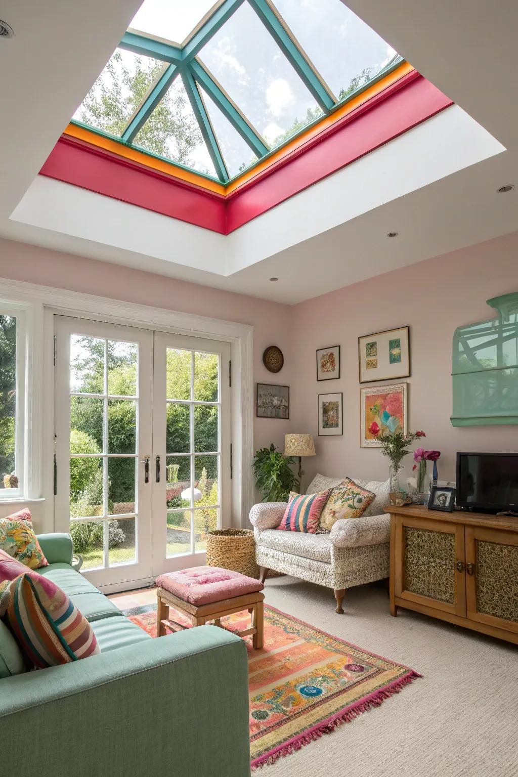 A living room with a skylight featuring bold colored trim.