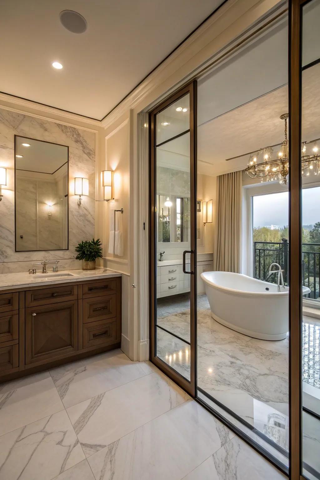 Elegant glass panel doors lend a luxurious feel to this bathroom.