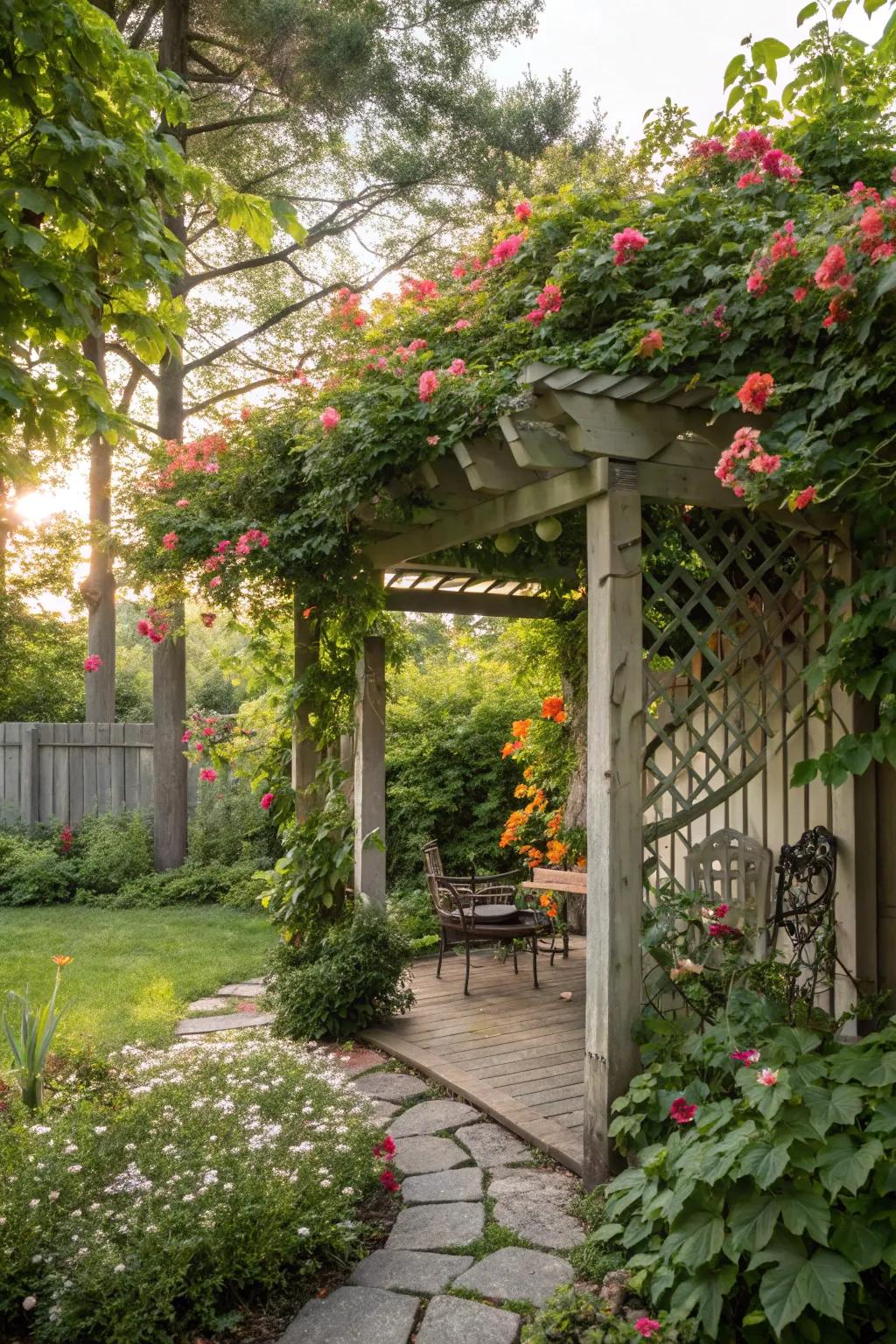 A pergola provides shade and supports beautiful climbing greenery.