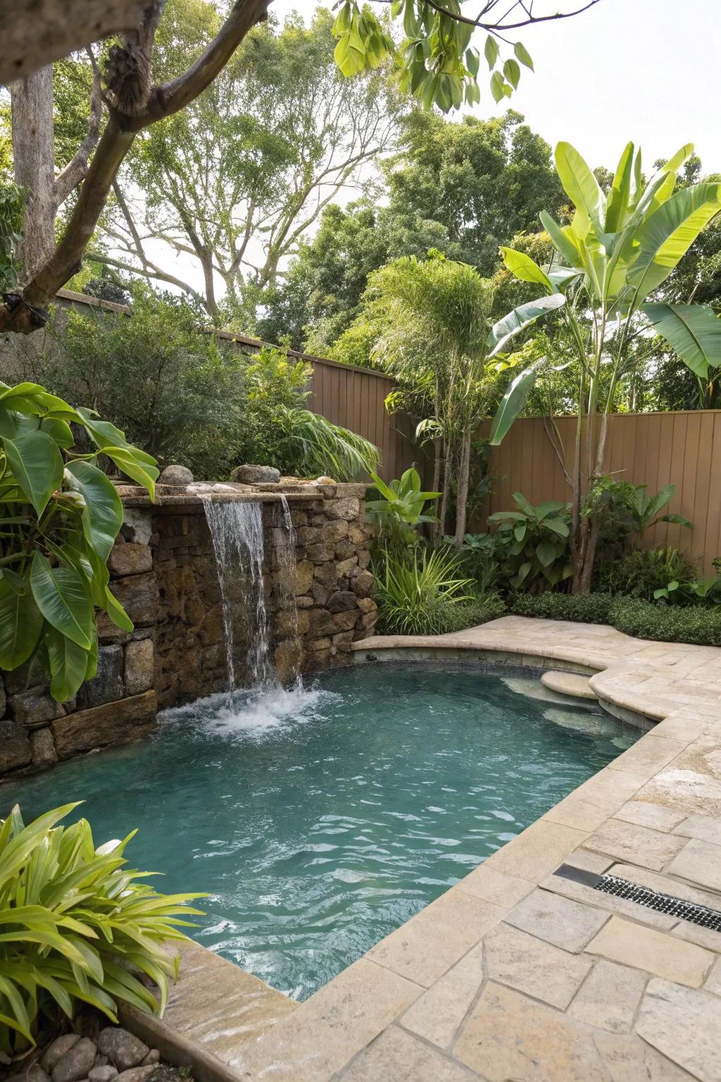 A peaceful waterfall feature in a small pool.