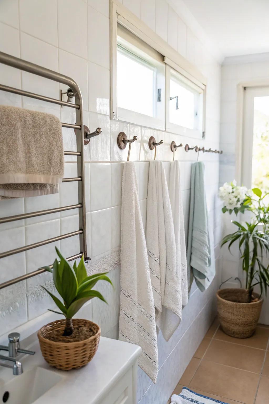 Simple and effective towel storage using bars and hooks.
