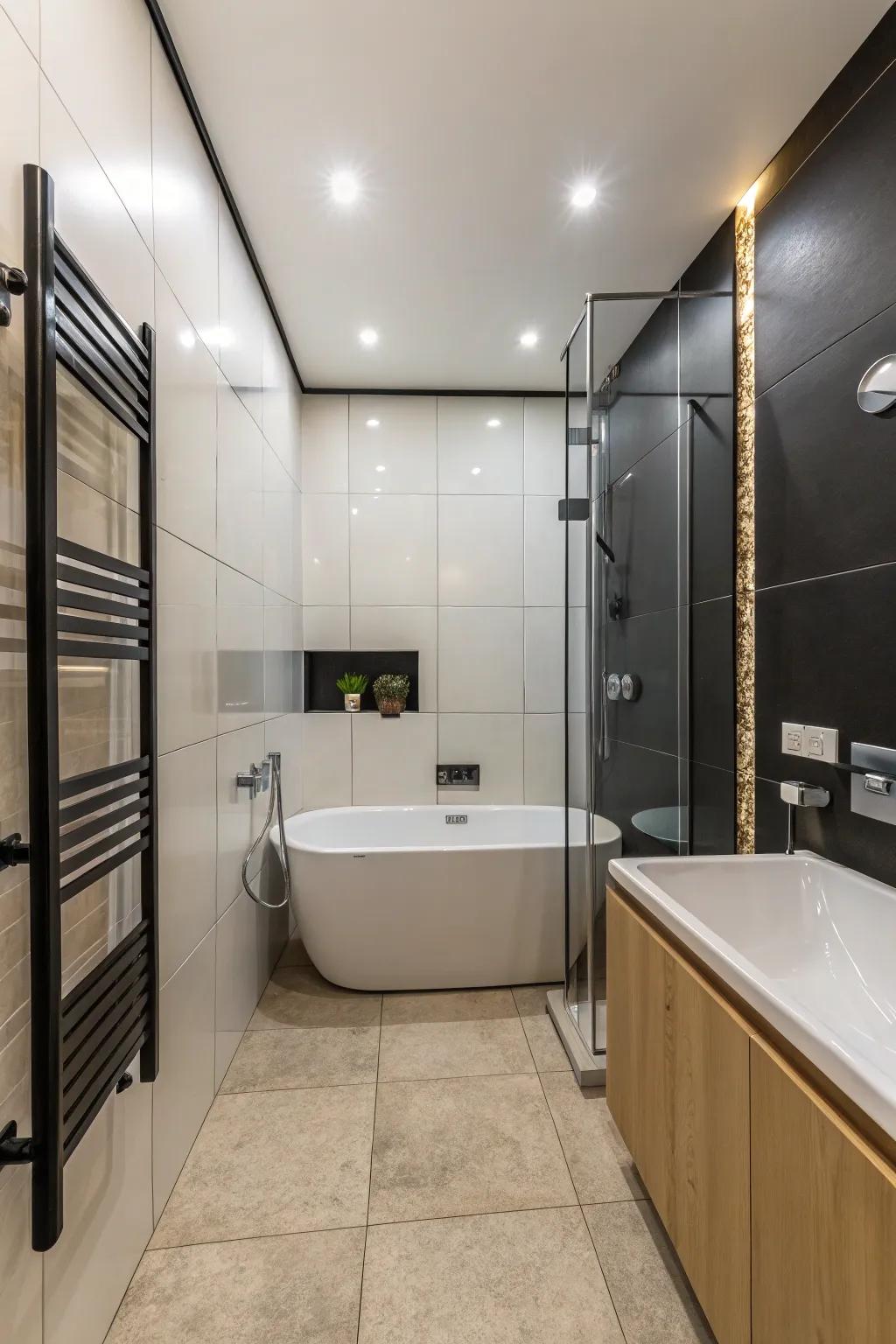 Polished panels enhancing light and contributing to a modern look in a small bathroom.