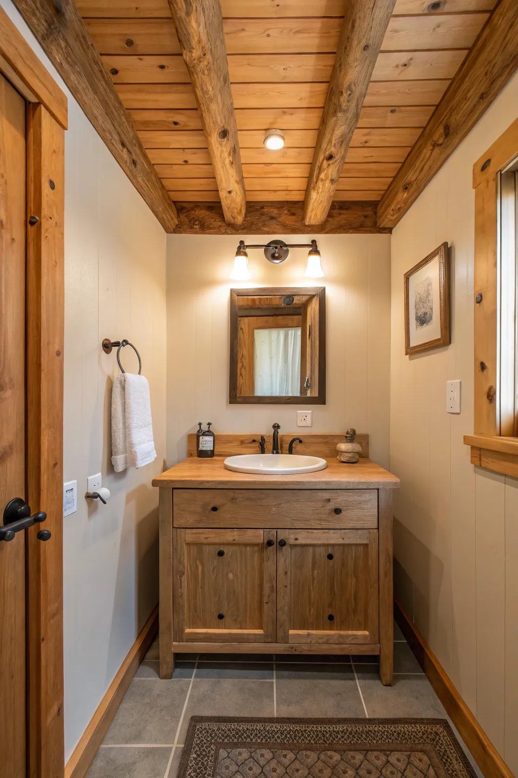Wood elements that match create a unified bathroom design.