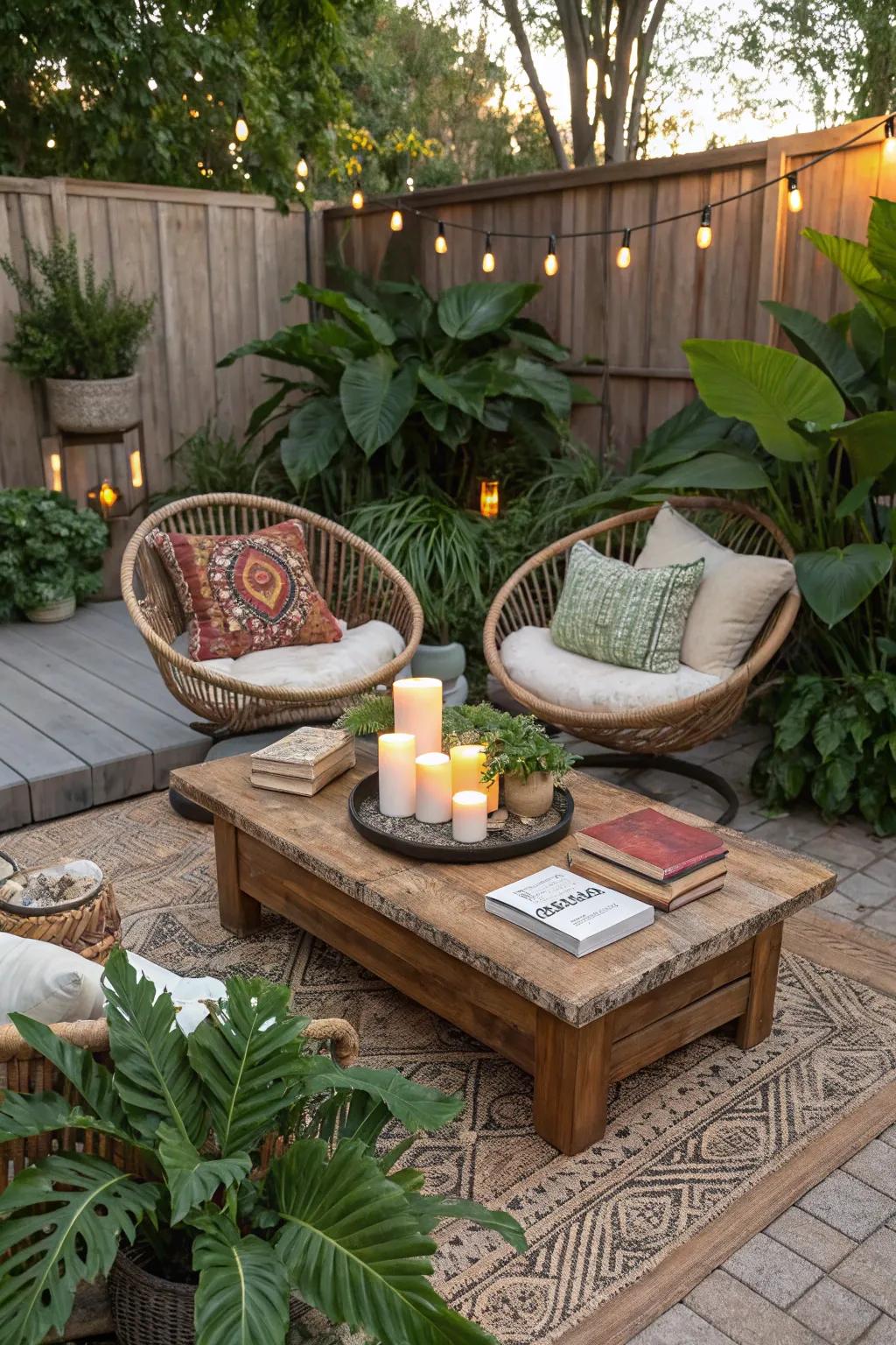 A natural center table acts as a focal point for a boho patio.