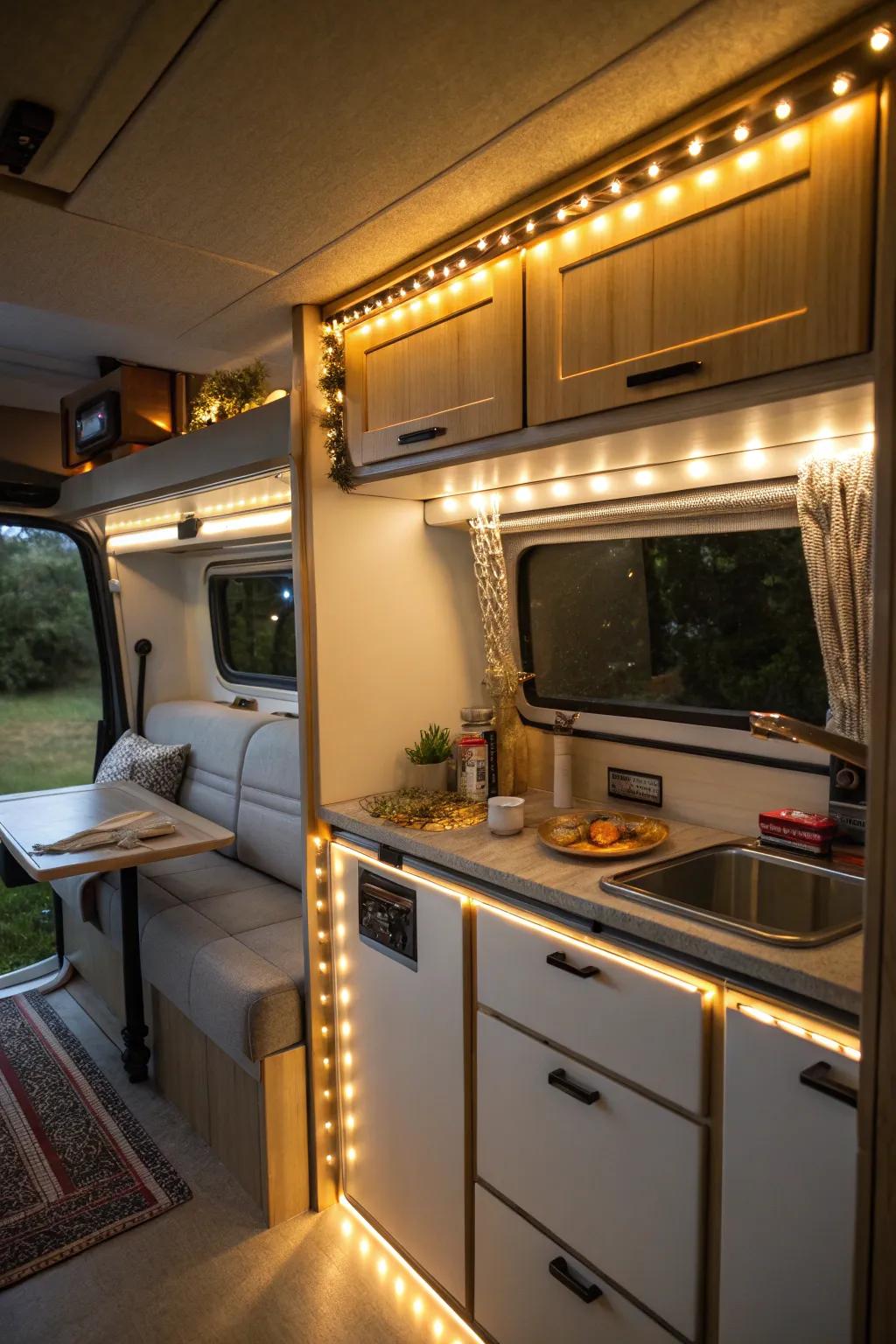 A camper's cozy and inviting atmosphere is enhanced by the warm lighting.