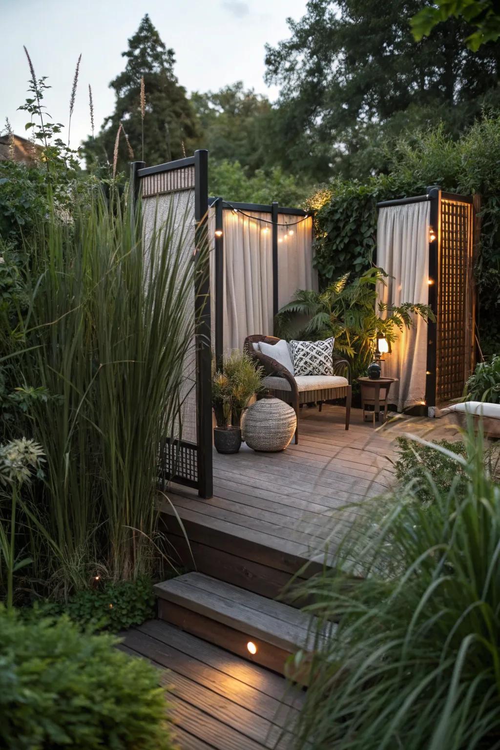 Plants and screens offer a sense of privacy and seclusion.