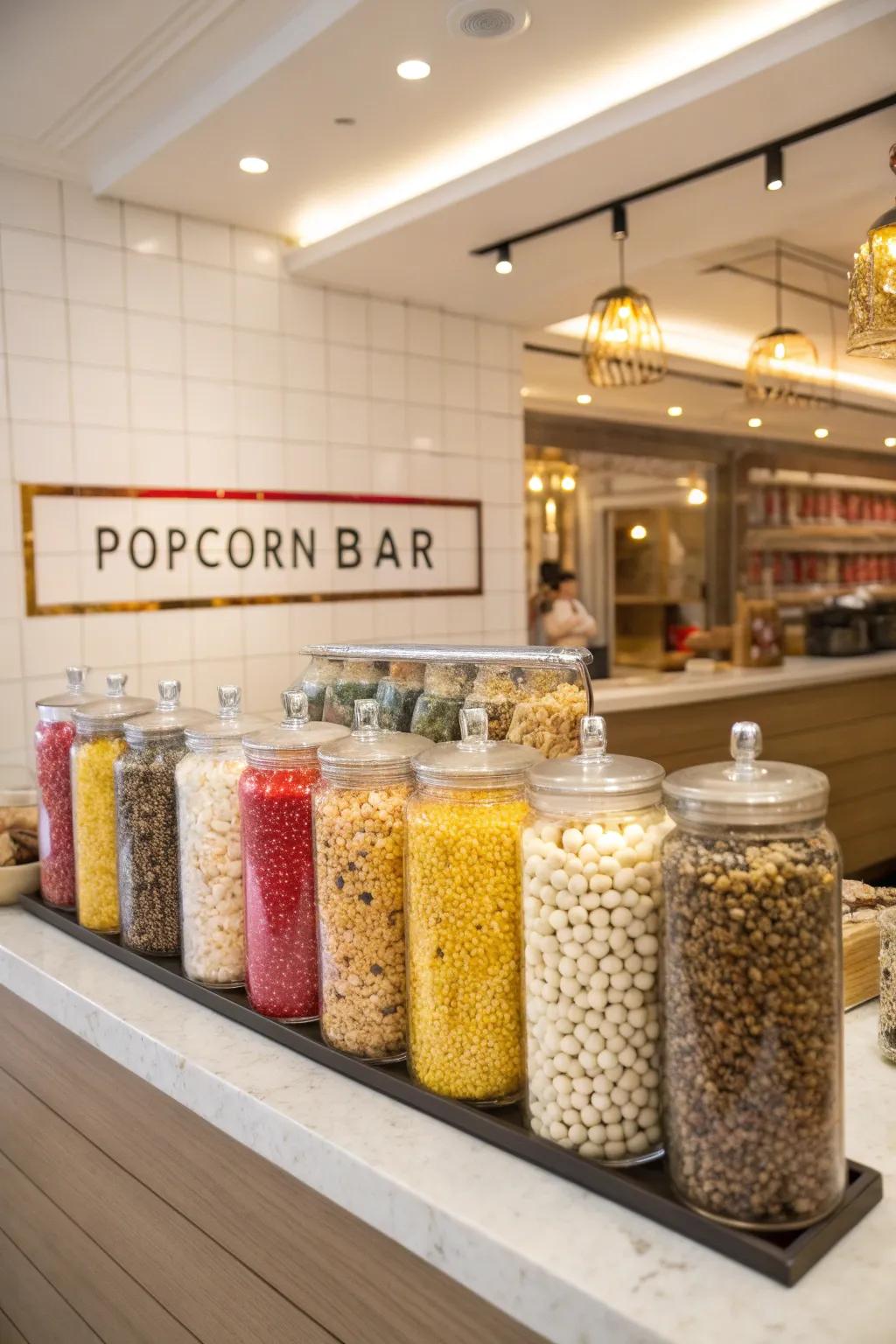 A refined popcorn counter delivering a mix of sugary and savory options.