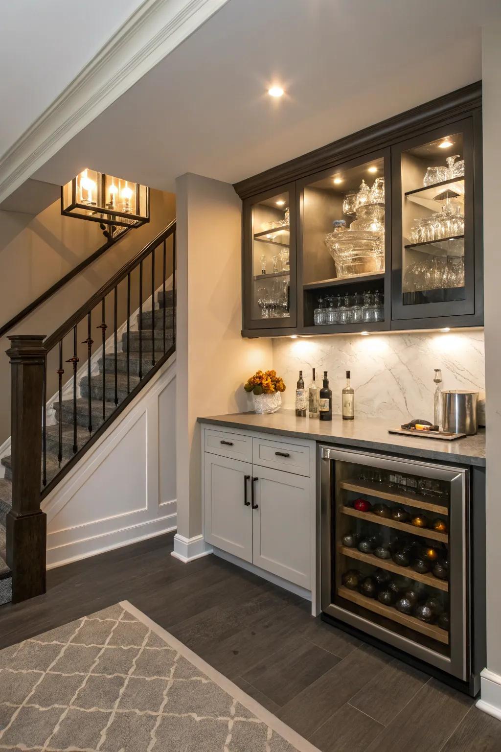 Use the space under the staircase for a small drink station.