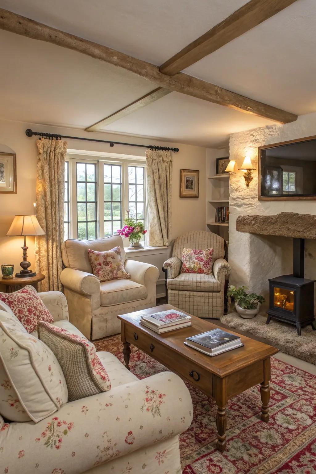 Plush seating with slipcovers encourages relaxation in this cottage living space.
