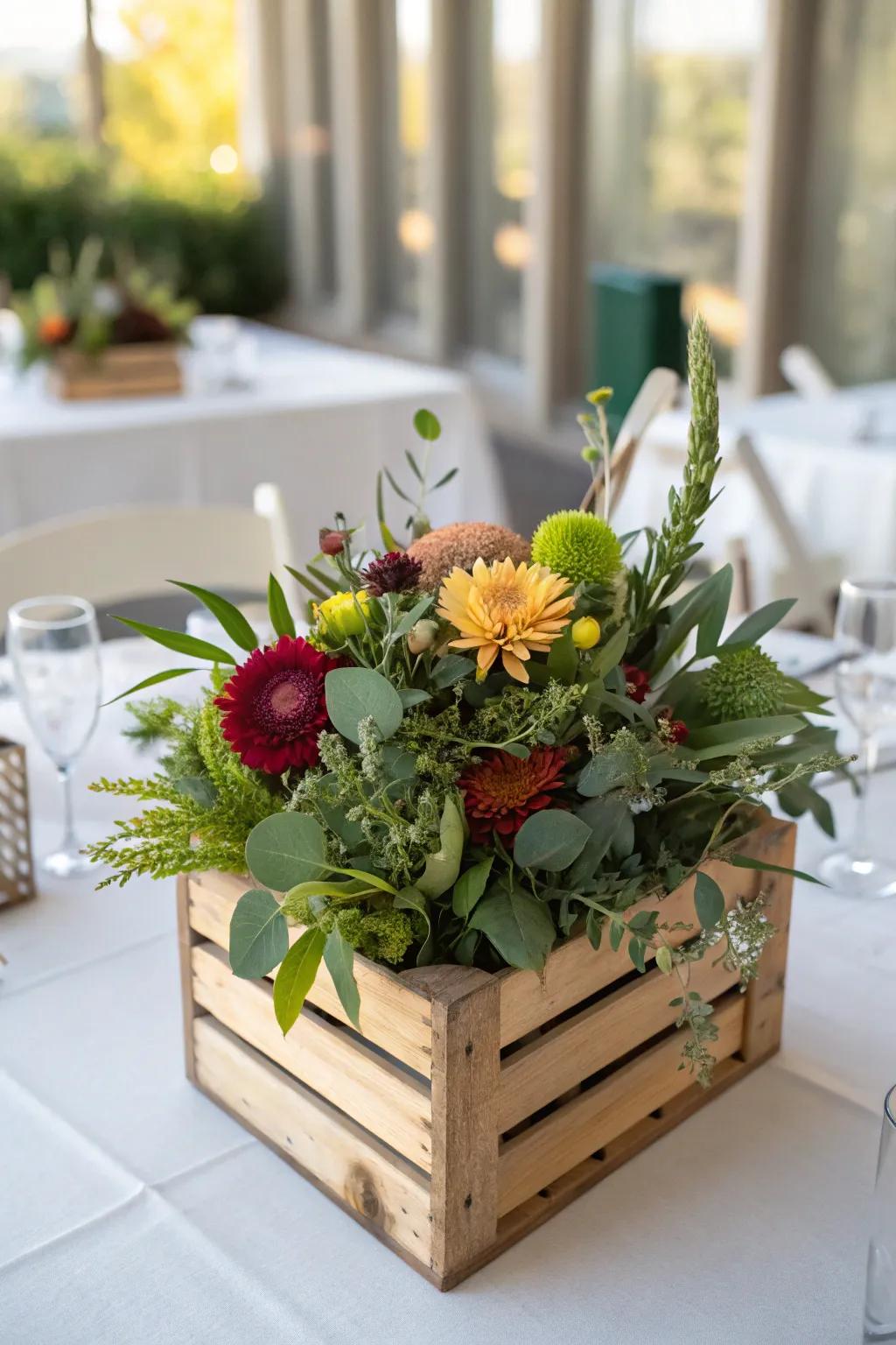 A timber crate brimming with flowers generates a captivating centerpiece.