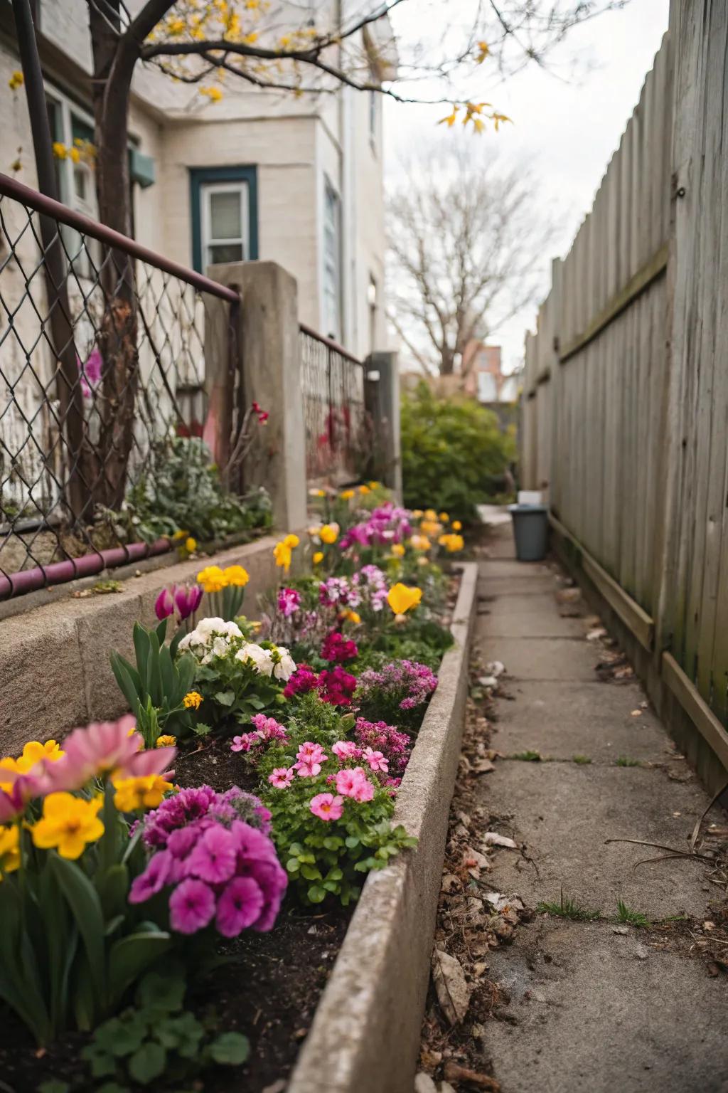 A small, vibrant flower bed nestled in a narrow side yard.