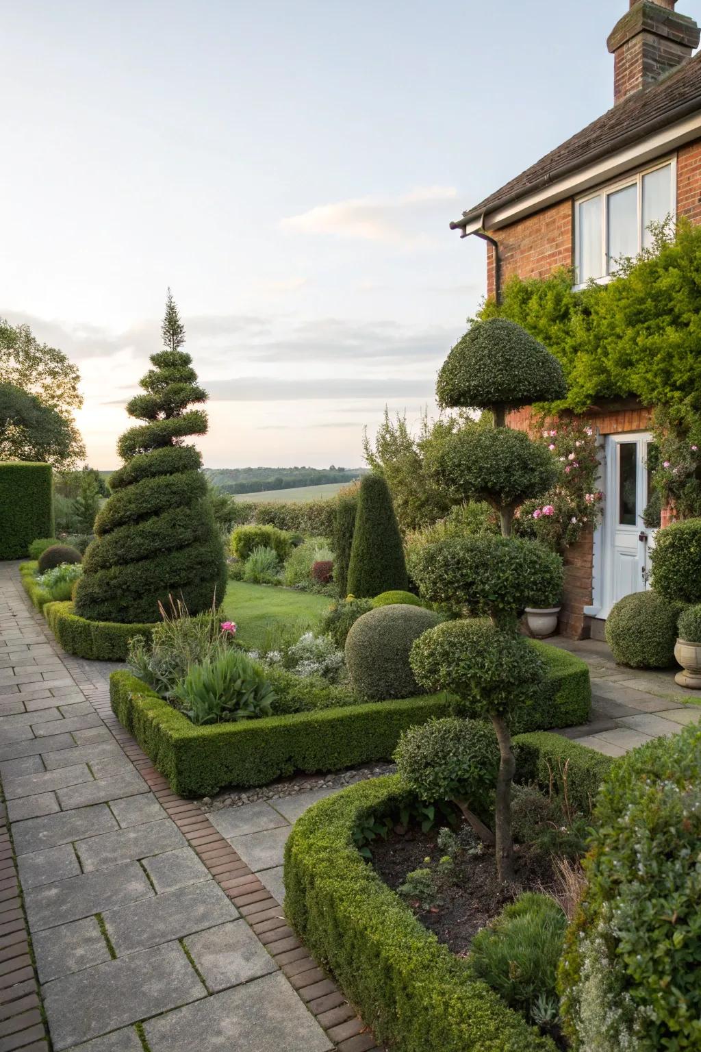 Inventively formed topiary shrubs inject a fun element into the garden.