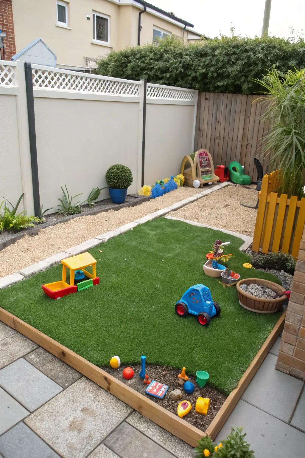 A delightful play area for children with artificial grass.