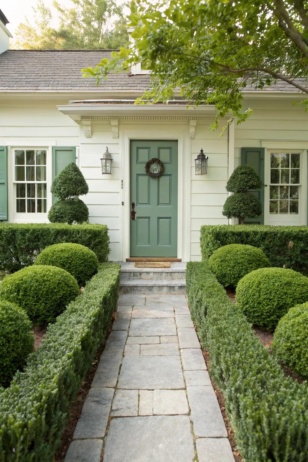 Hedges enhancing a welcoming front doorway area.
