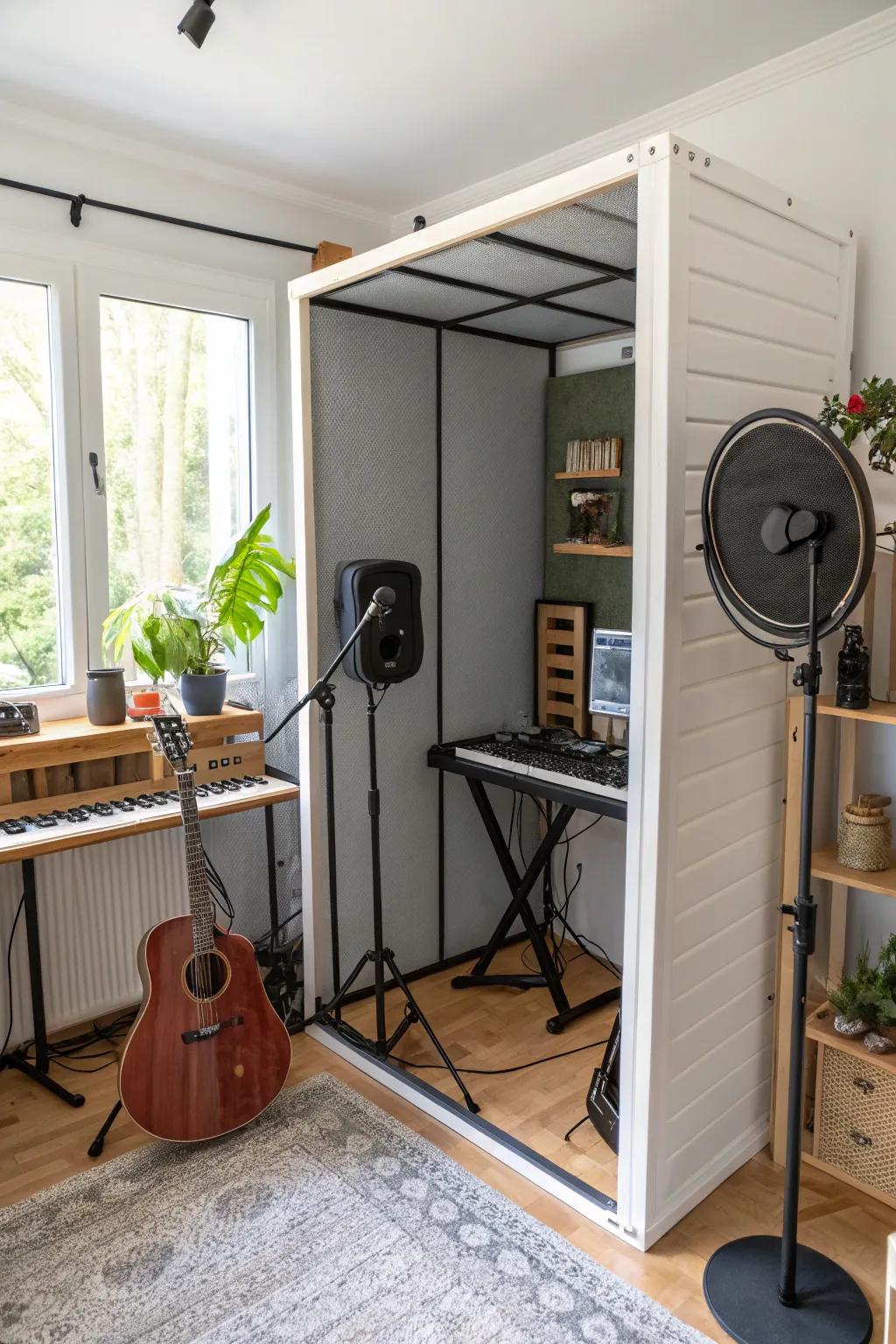 A collapsible sound enclosure offers flexible recording options in small spaces.
