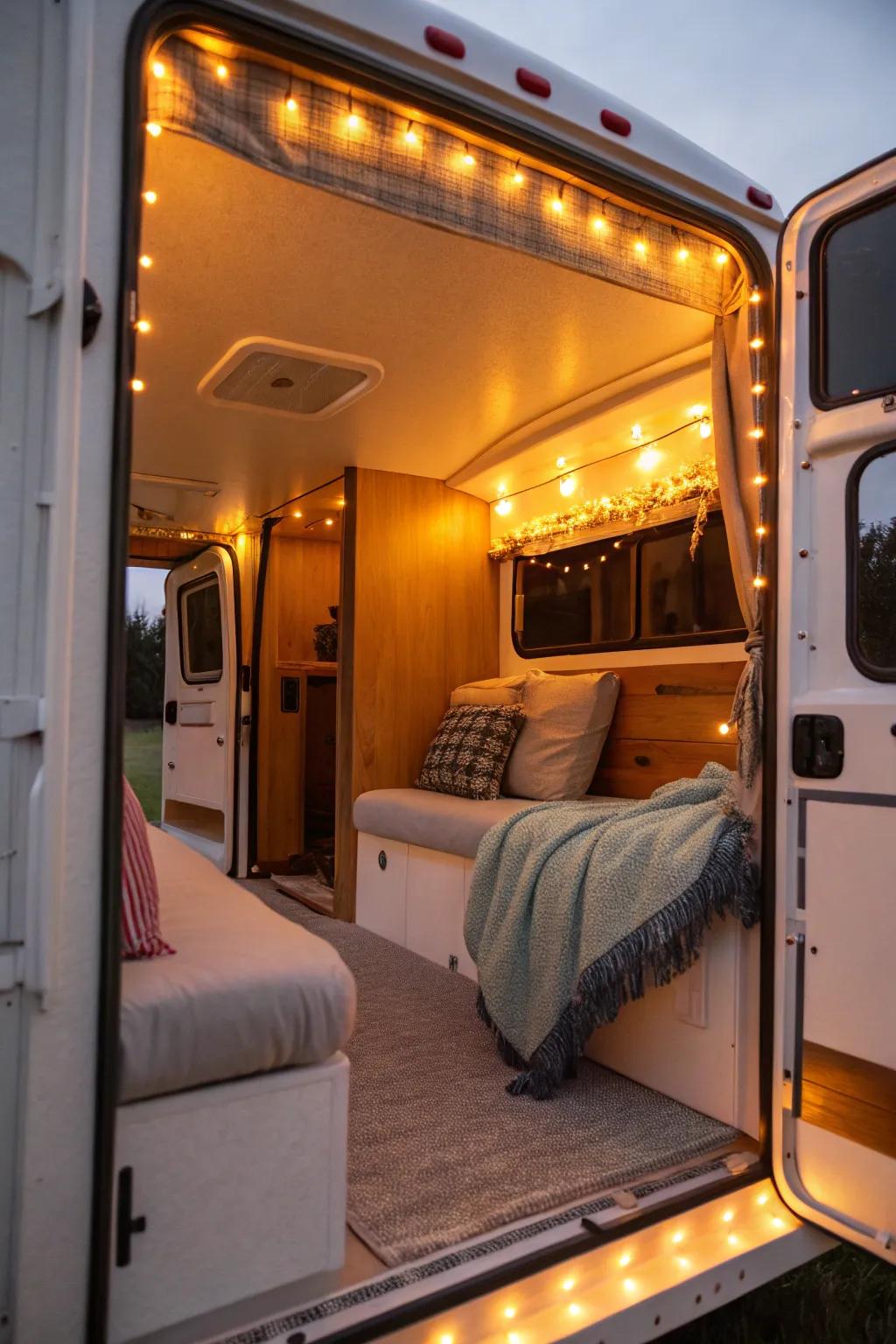 Strategic lighting creates a cozy and spacious atmosphere.