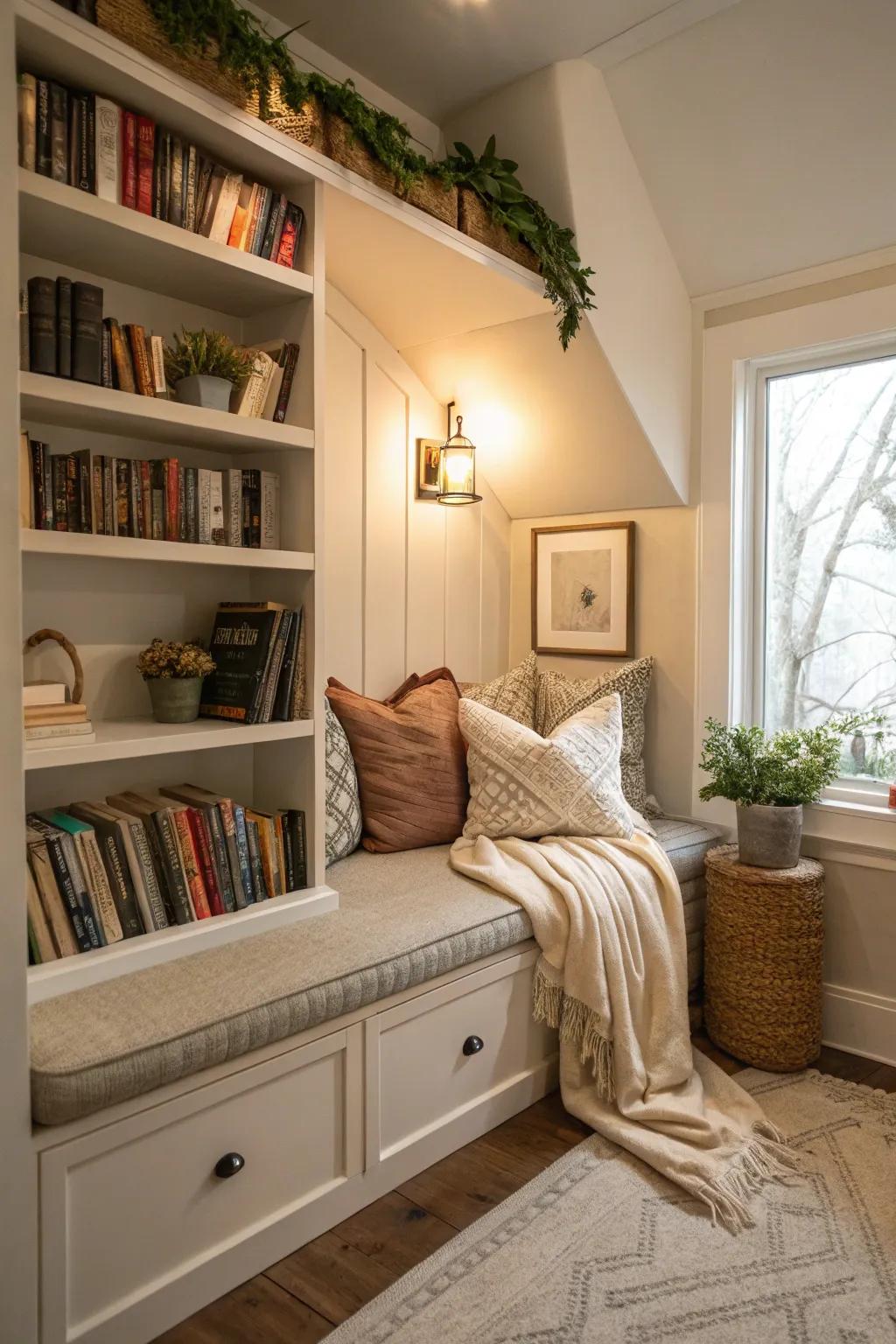 A cozy reading nook with built-in seating in a small corner.