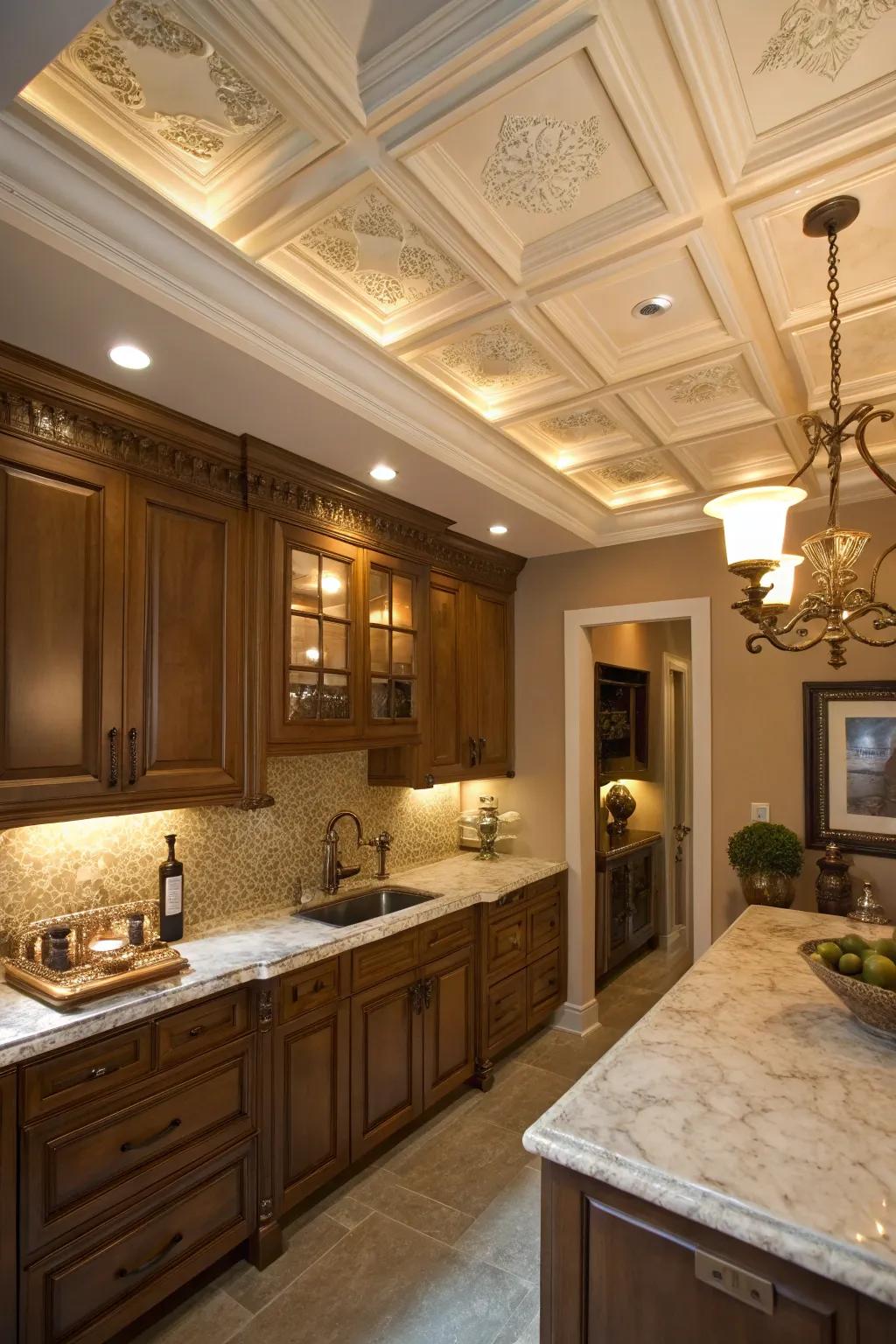 Structured ceilings impart a touch of classic elegance to compact cooking areas.