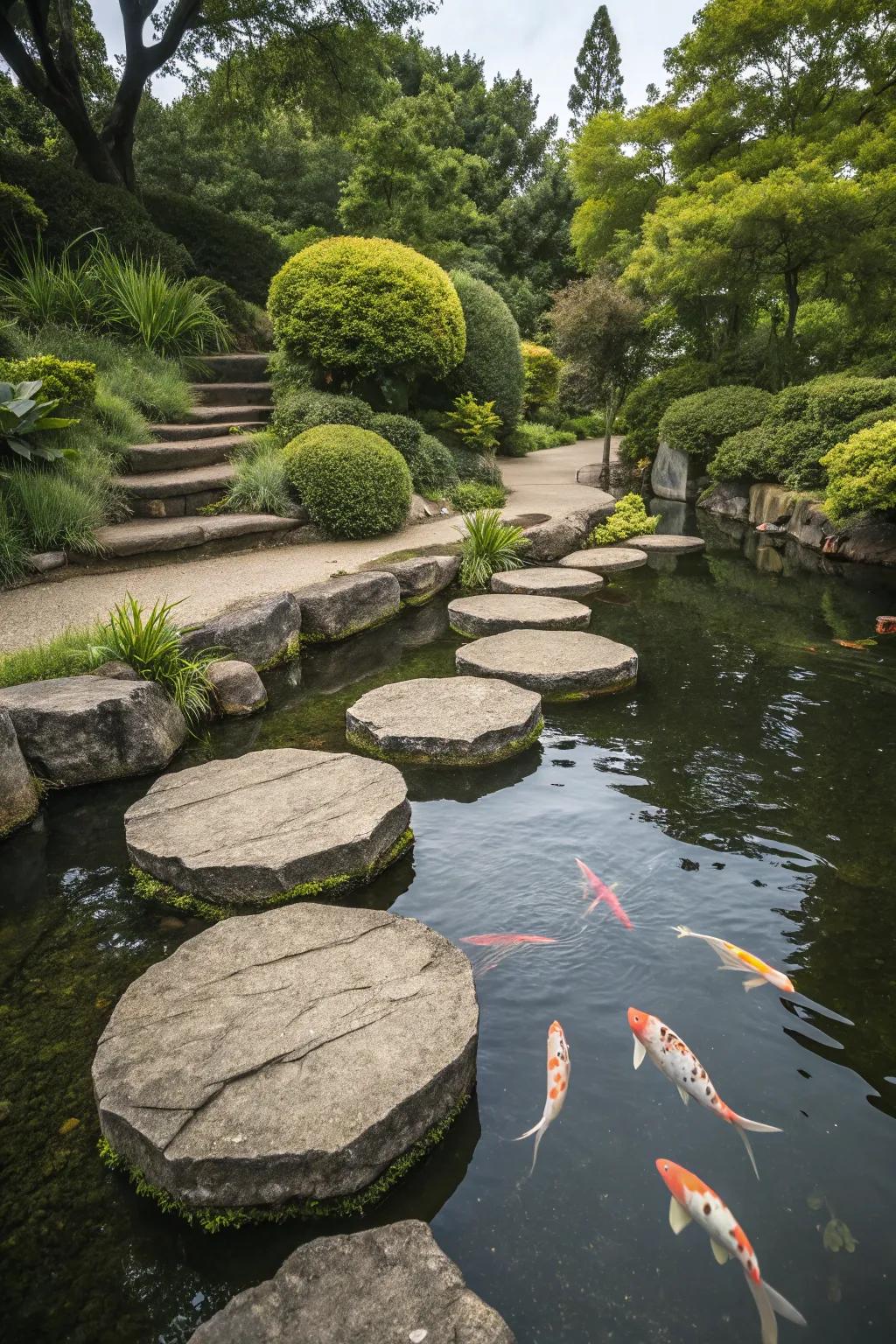Enchanting stepping stones float across a serene koi pond.