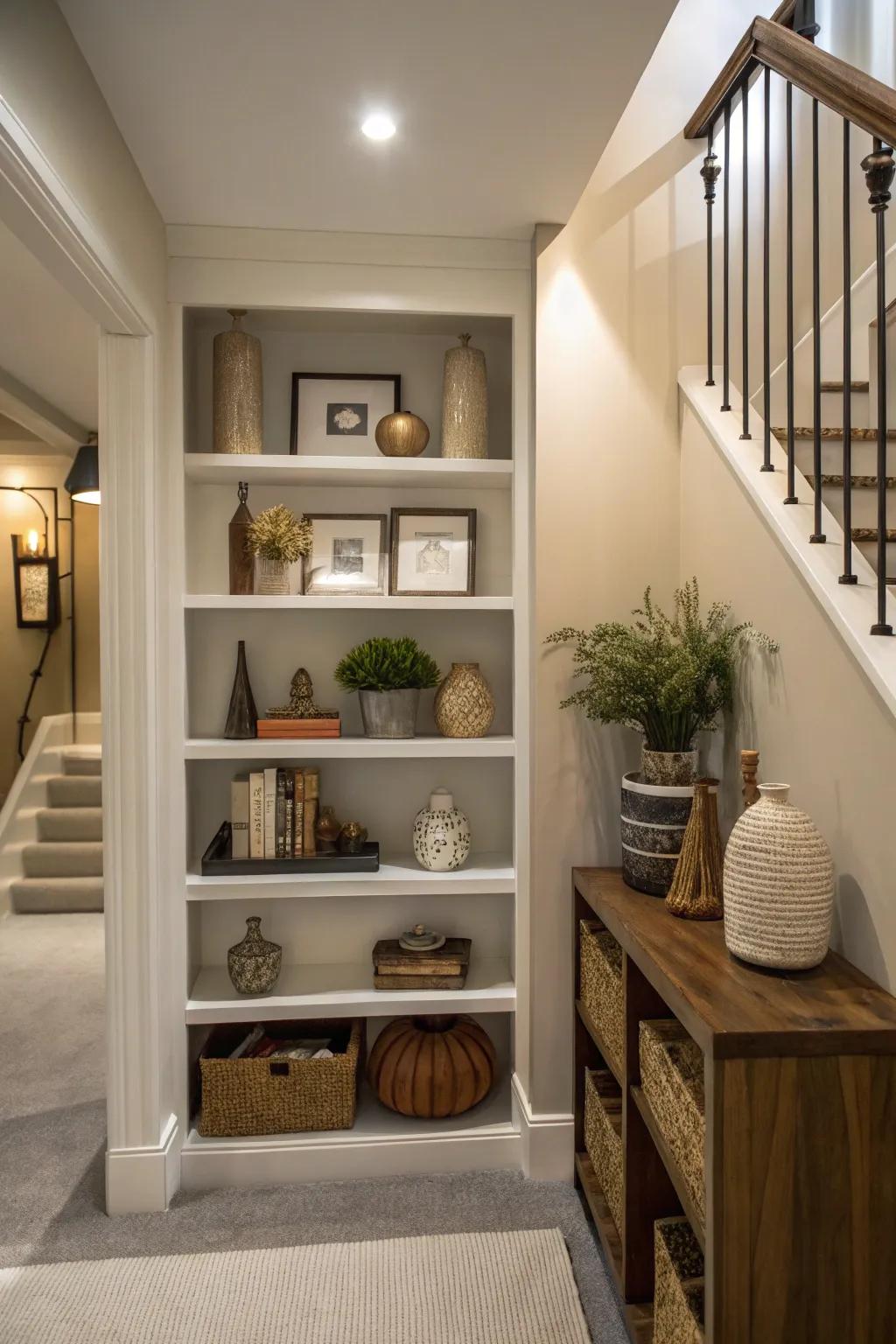 Shelving brings dimension and utility to diminutive landing spaces.