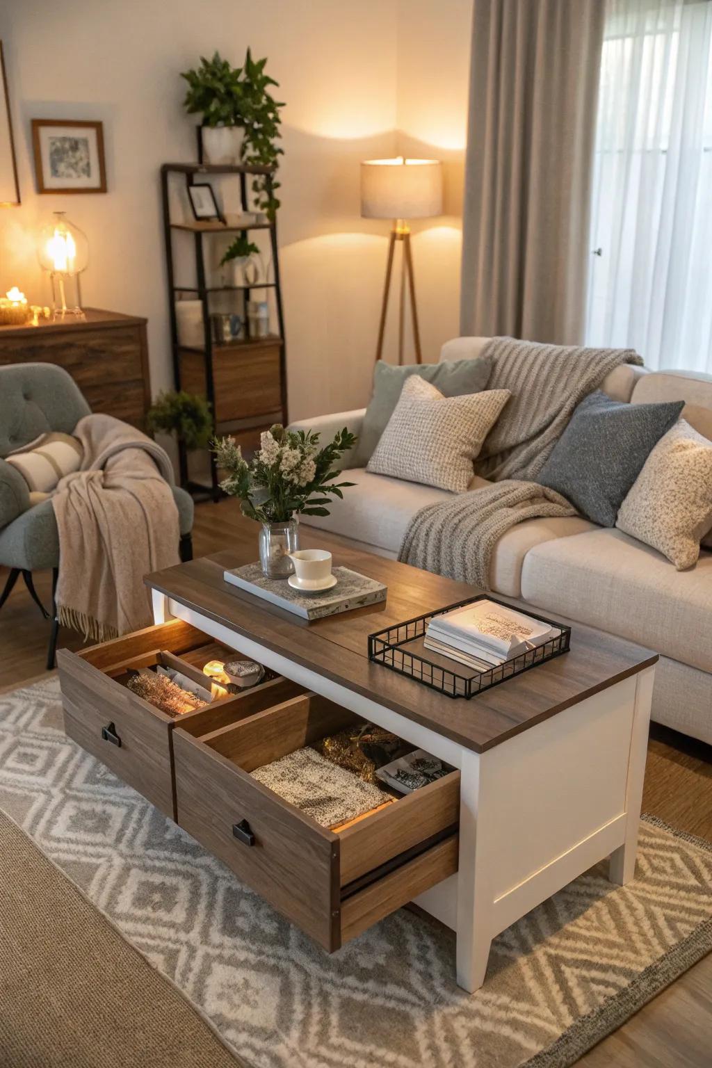 A coffee table with storage helps you keep your space tidy.