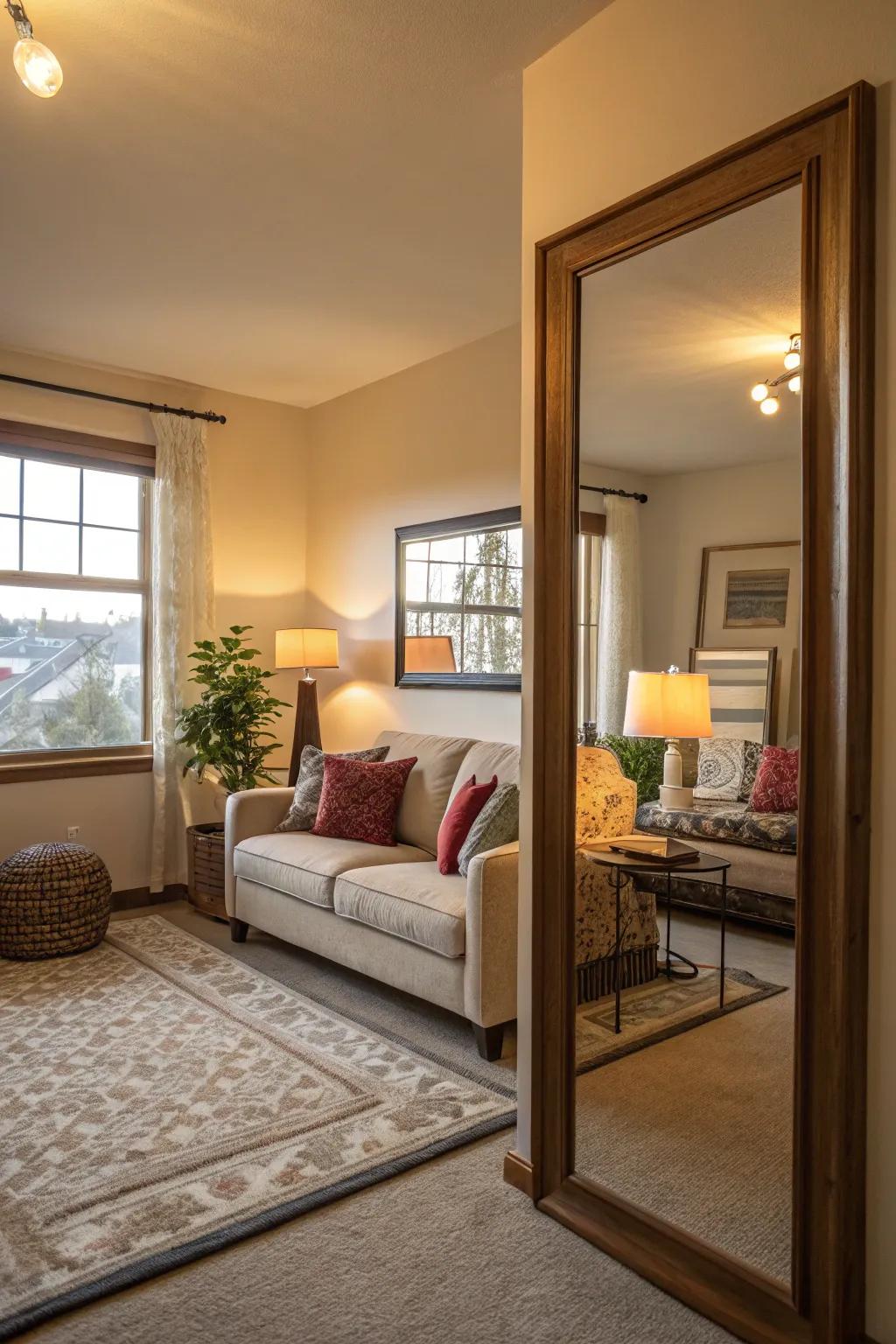 Mirrors create the space of a larger room.