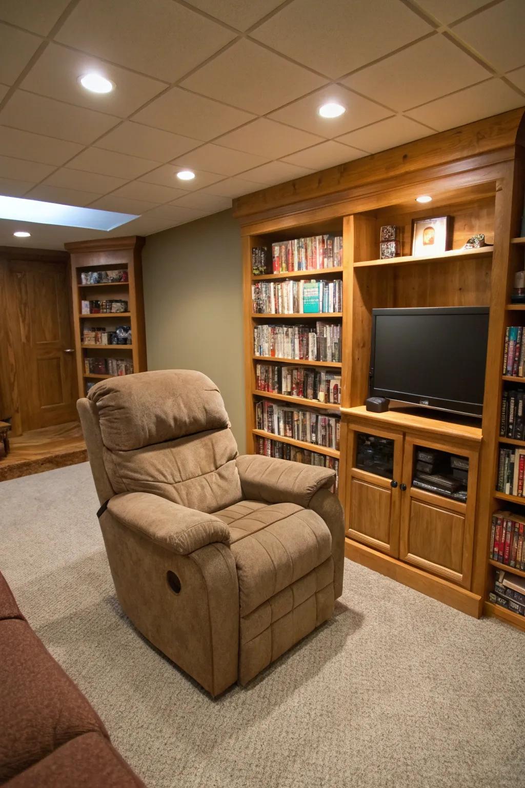 A recliner with built-in storage offers both coziness and practicality.