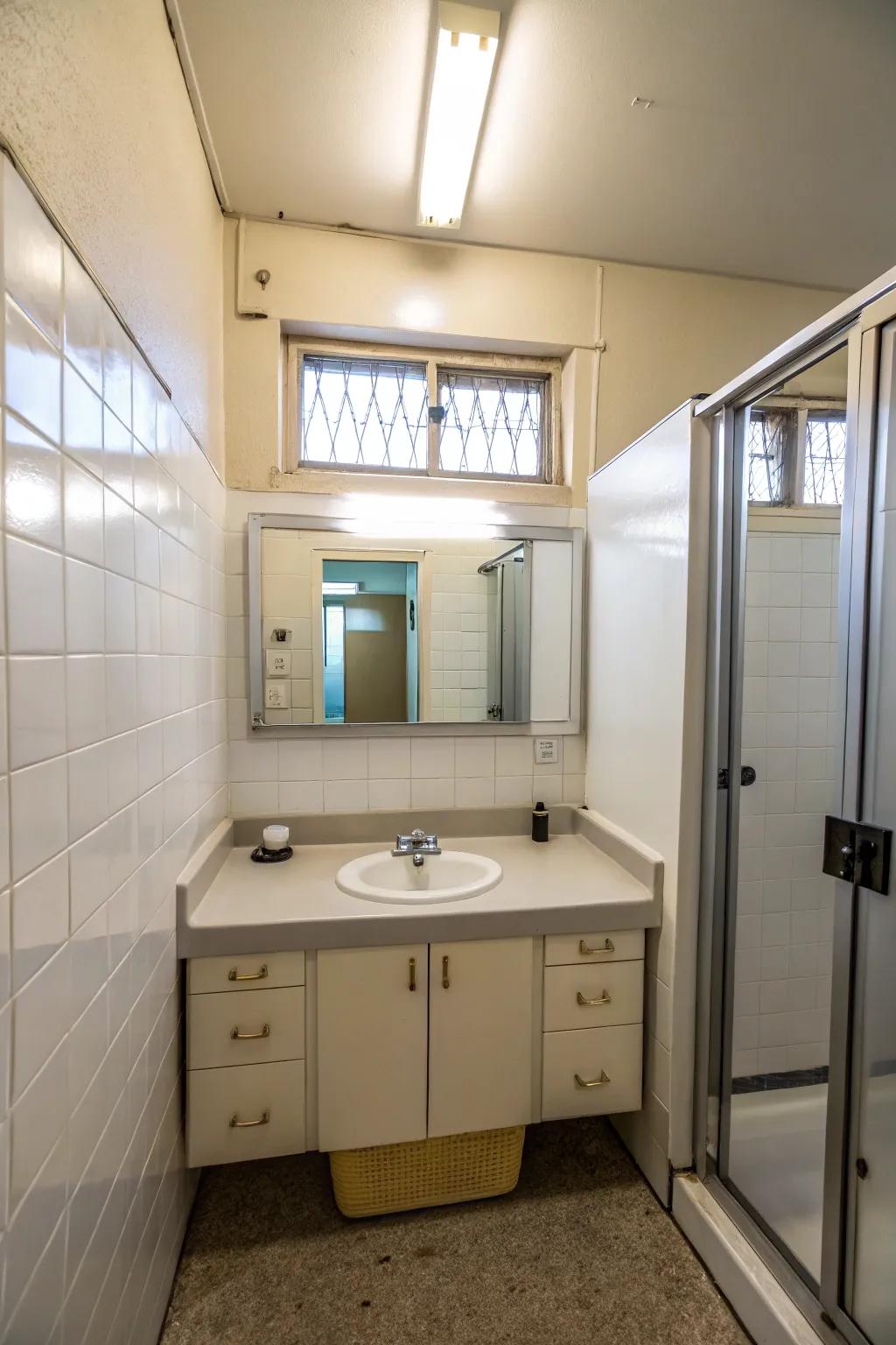 A large mirror expands the space in this small bathroom.