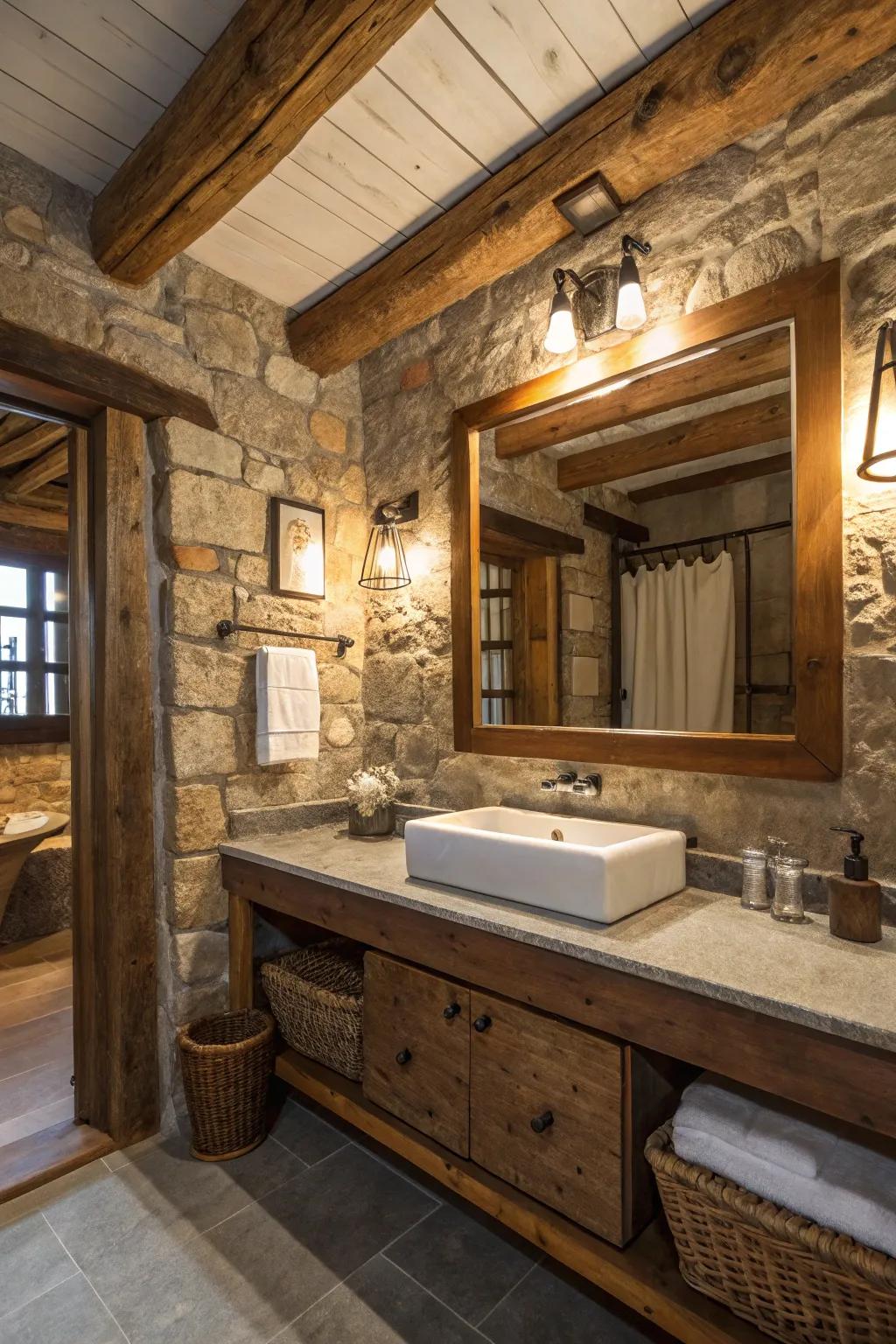 Sizable mirrors make a rustic bathroom look more spacious.