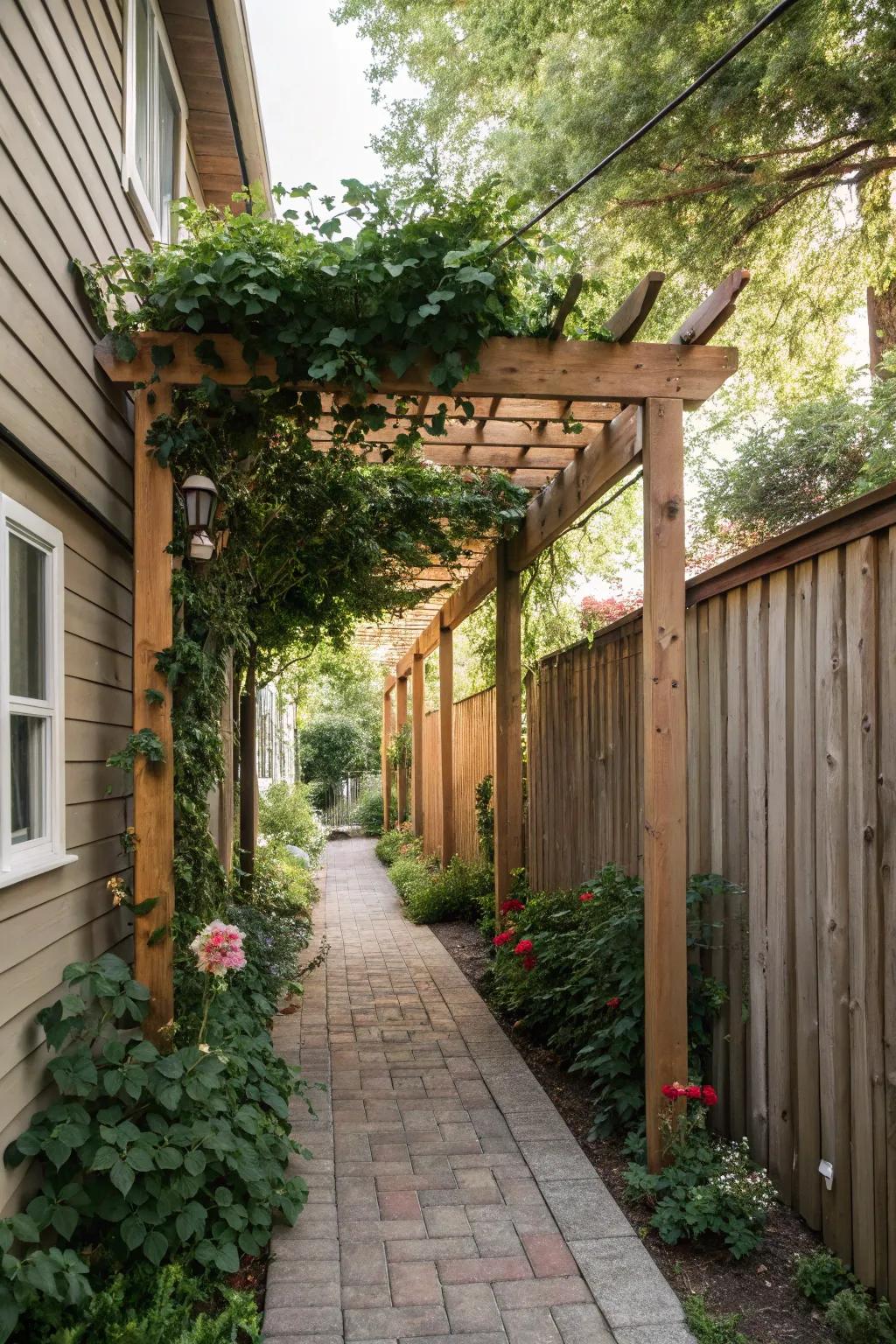 Trellises and pergolas add vertical elegance to narrow side yards.