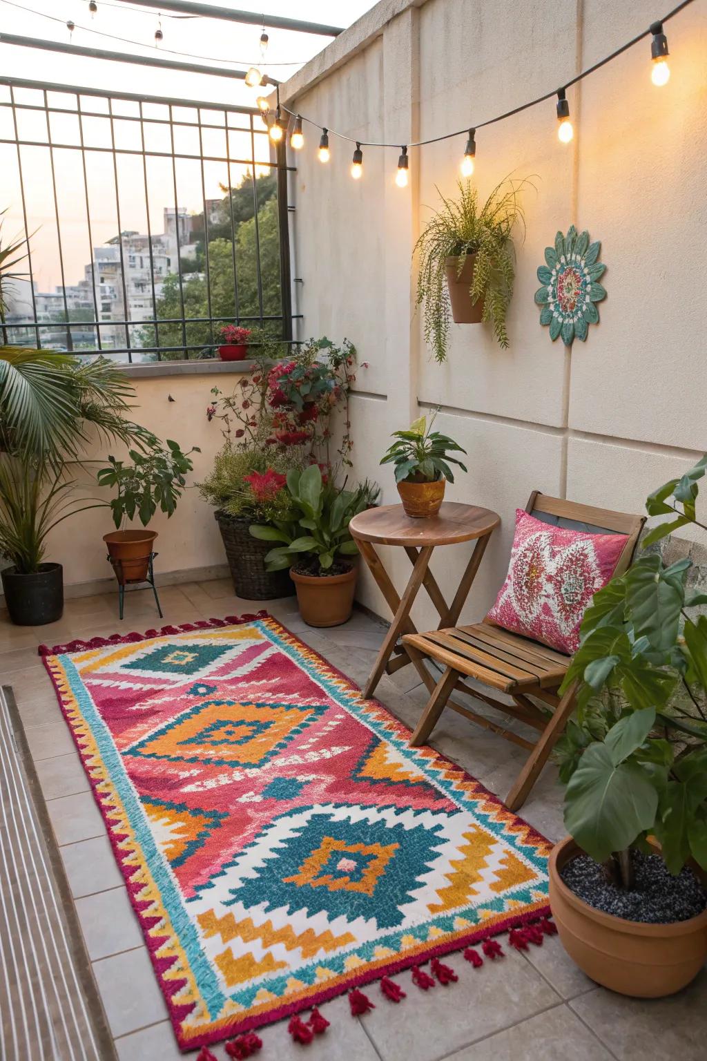 An outdoor carpet infuses color and comfort into your petite area.
