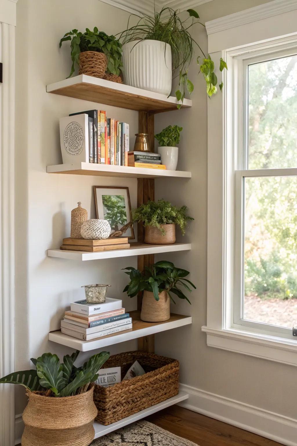 Stylish angle shelving utilizing otherwise wasted space.