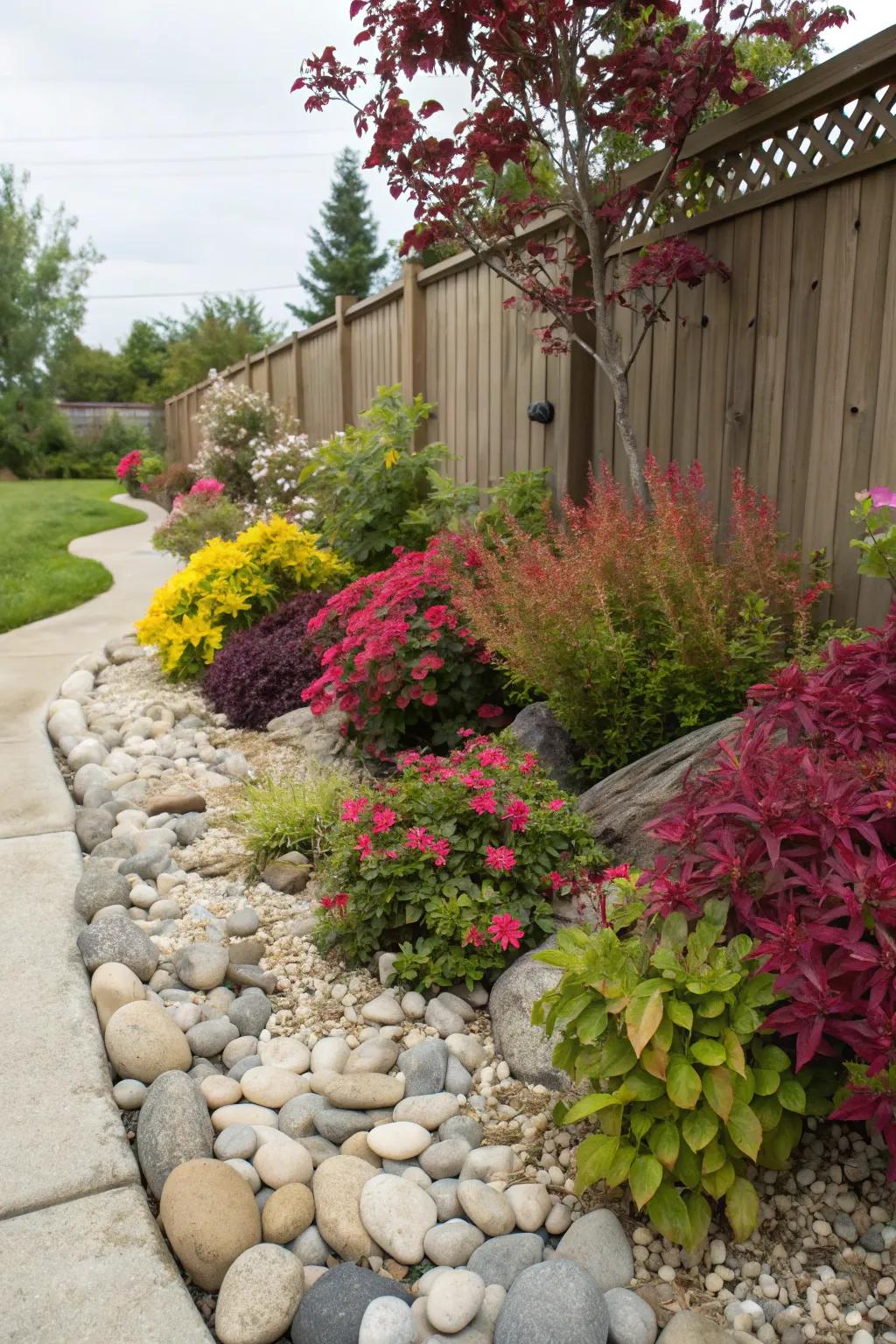 A perfect pairing of vibrant plants and decorative stones.