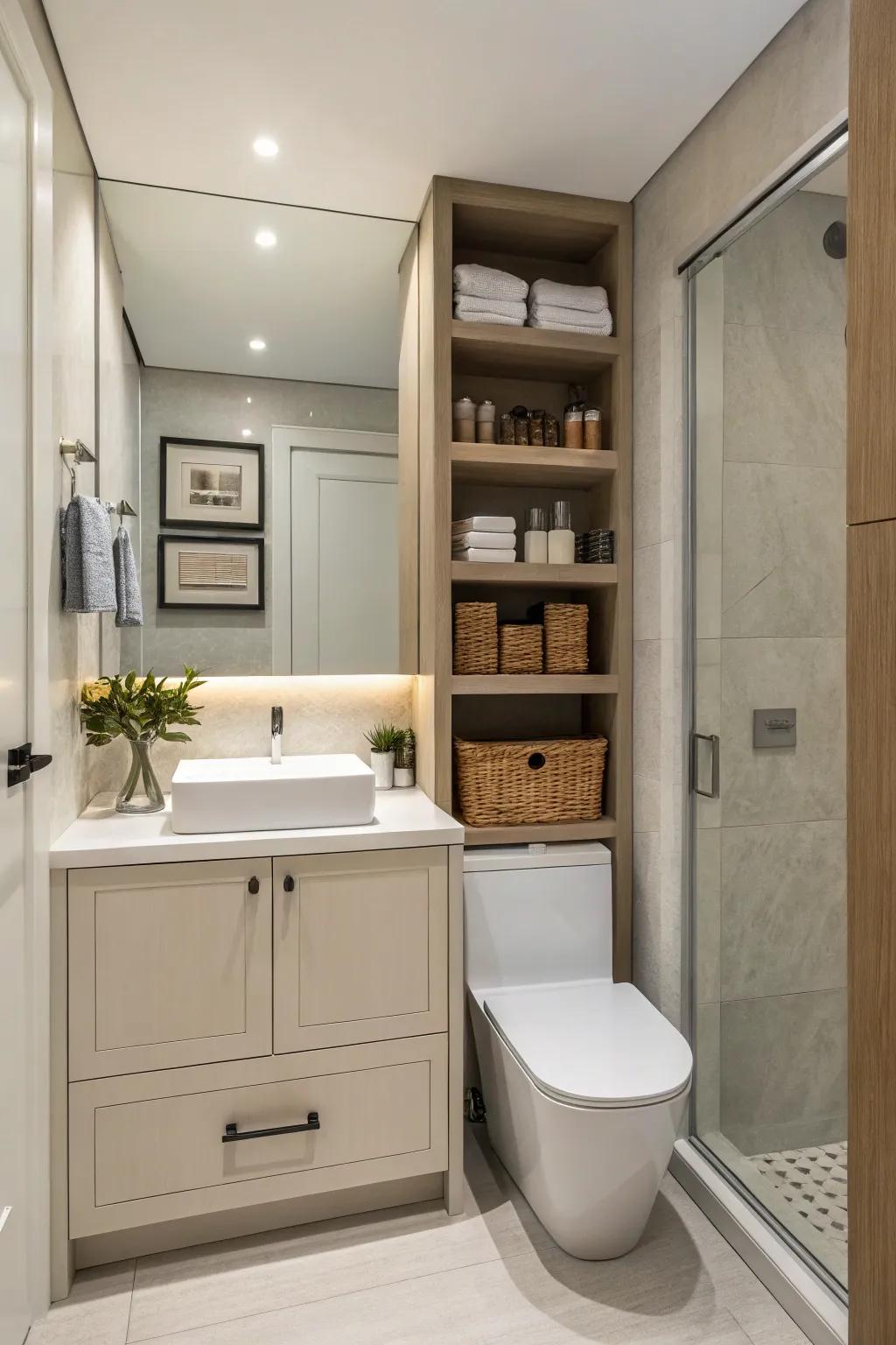 Hidden storage keeps the bathroom neat and organized.