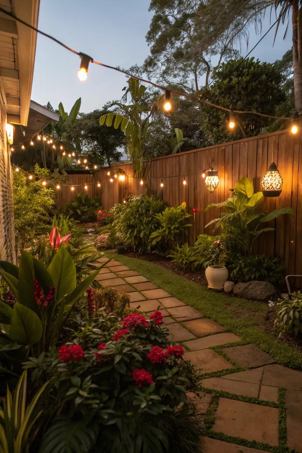 In a cozy garden environment, soft lighting creates a tropical mood.