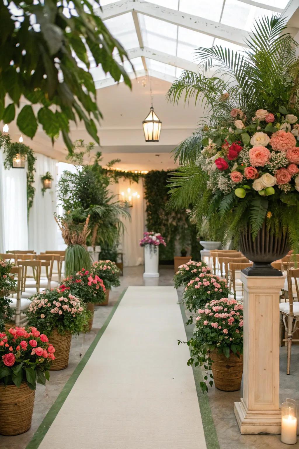 An abundant garden environment fashioned indoors through the incorporation of potted flora and blossoms.