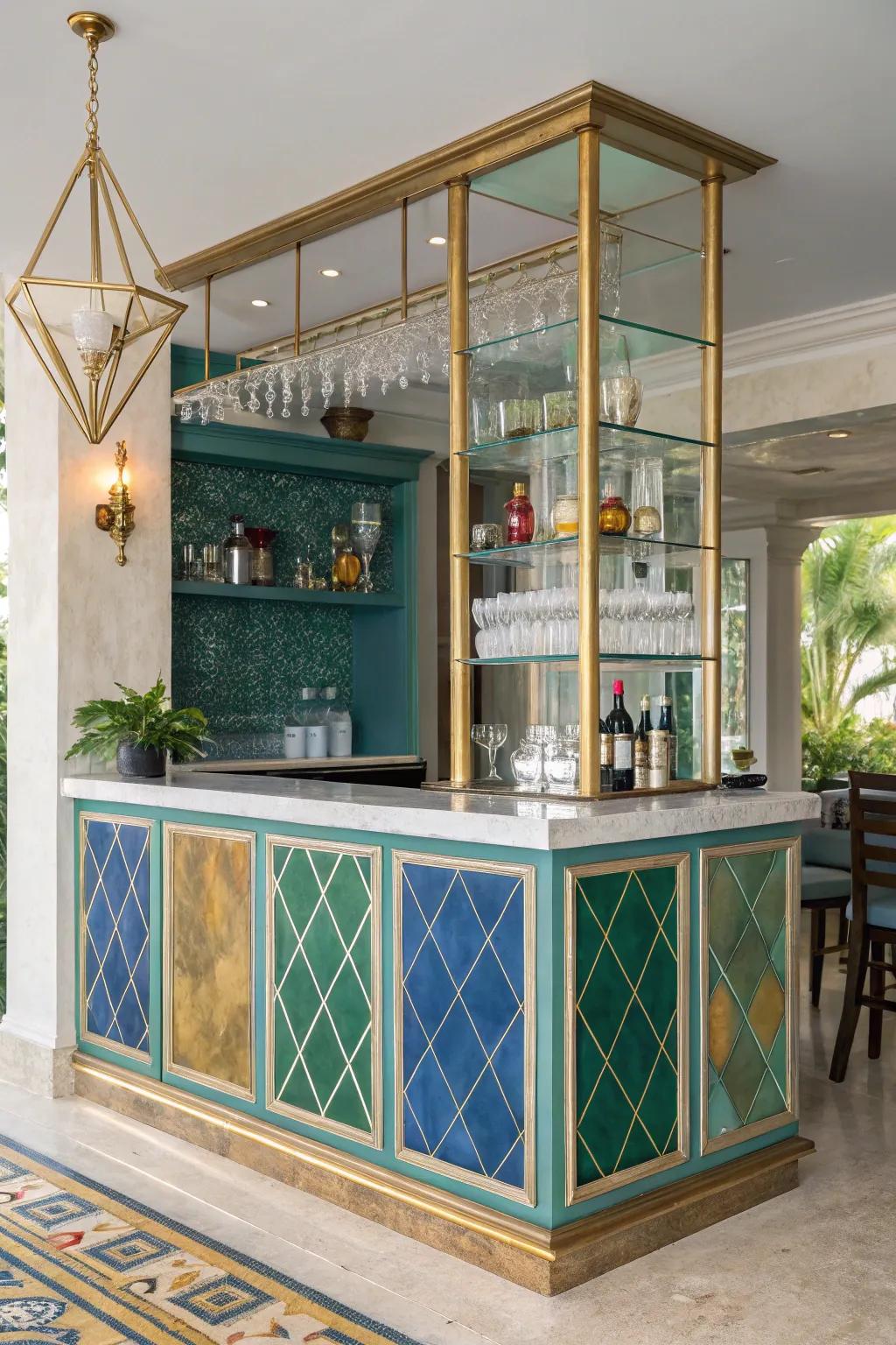 A small wet bar featuring a distinctive and fashionable color scheme.