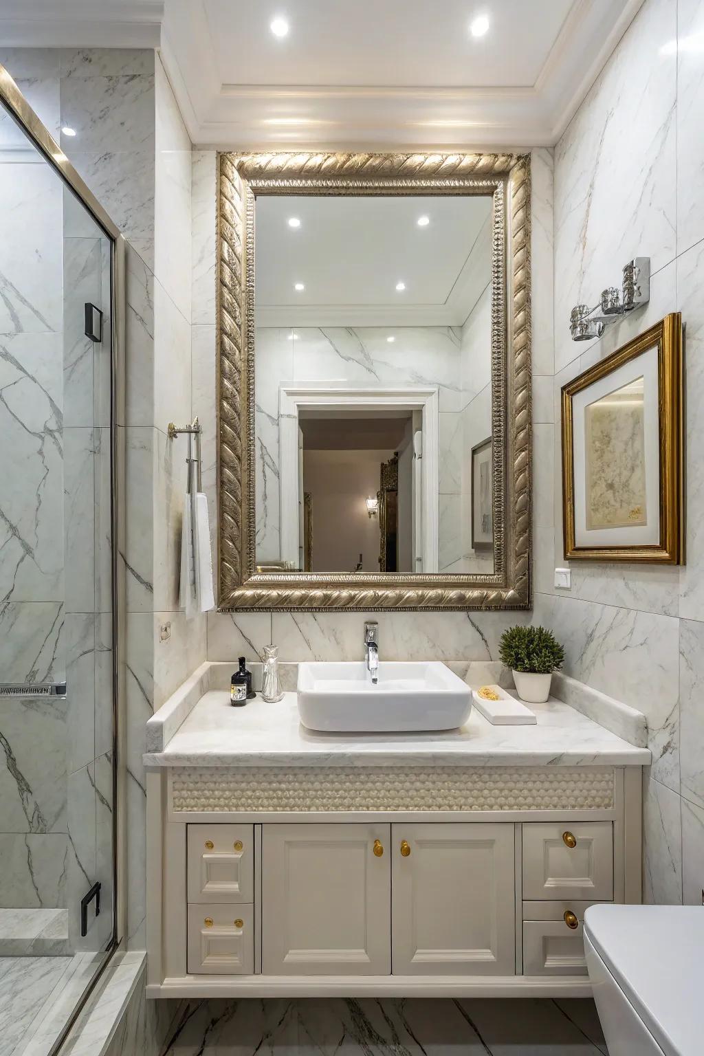 Large mirrors amplify space and light in small bathrooms.