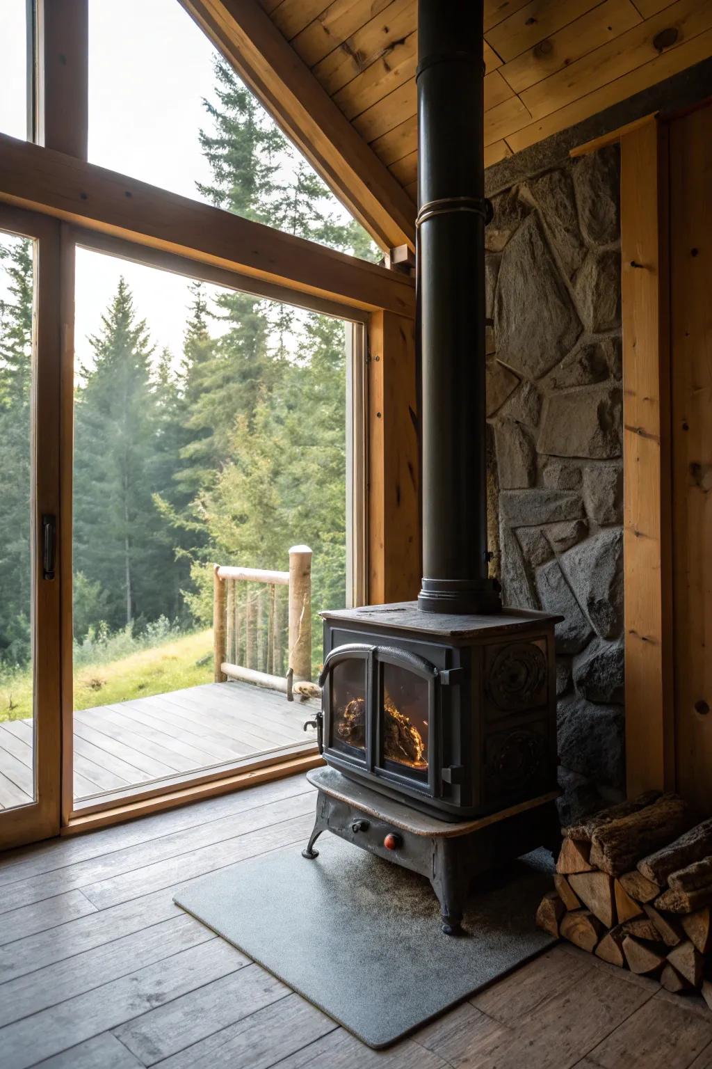 Natural light enhances the warmth of a wood stove, creating a cozy ambiance.