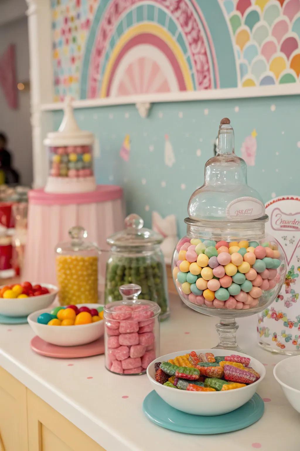 A nostalgic candy display bringing colorful sweetness to the occasion.