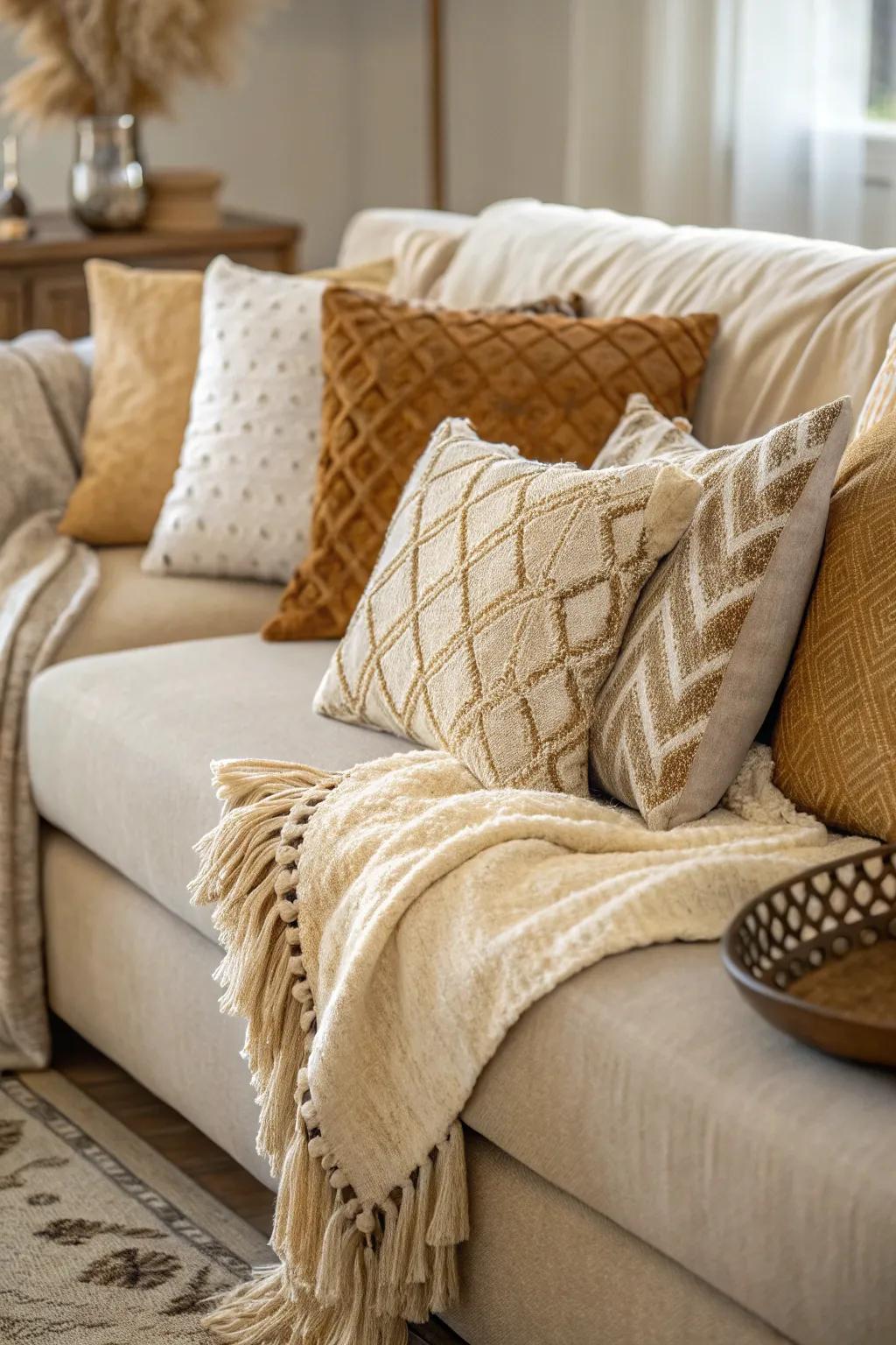 Layered textures add warmth and depth to your seating area.