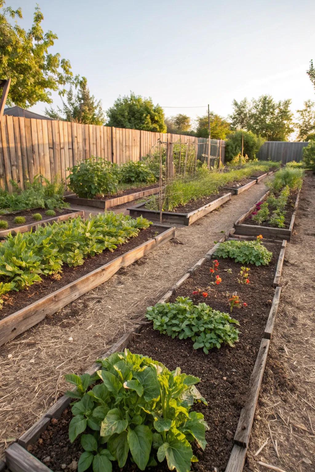 Mulched garden beds offering moisture retention and weed control.