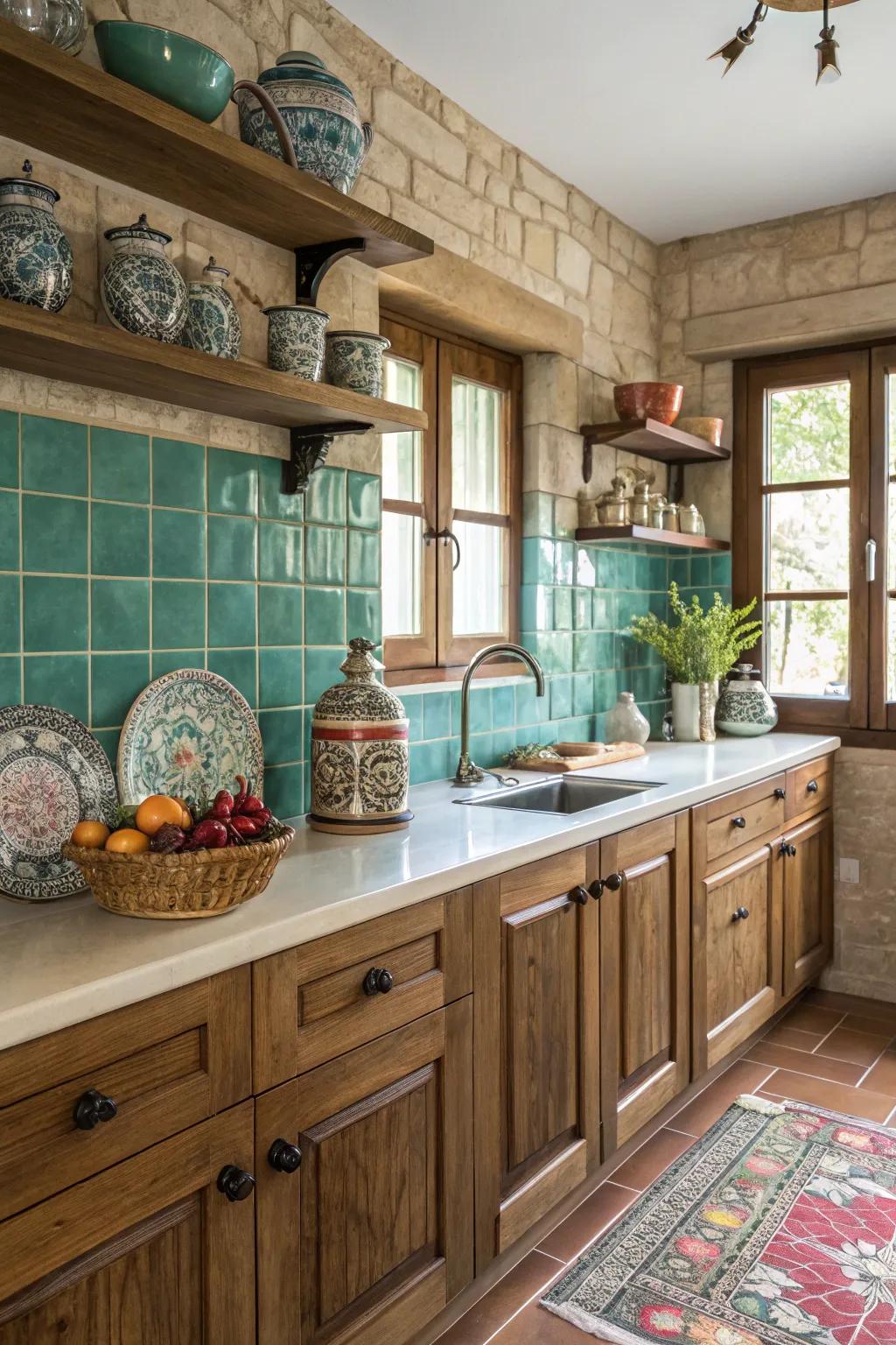 Turquoise tiles infuse a vibrant and opulent sensation into the cooking space.