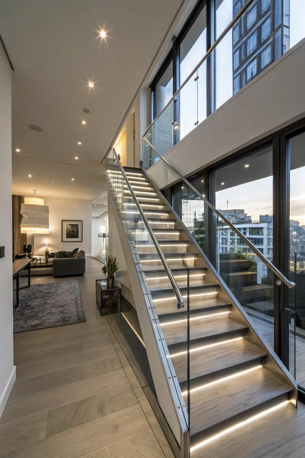 Sleek and elegant, this contemporary staircase transforms the space.