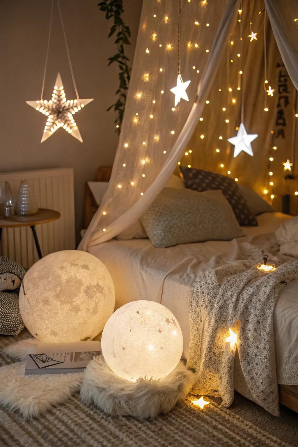 Celestial lighting that adds warmth and charm to the space.