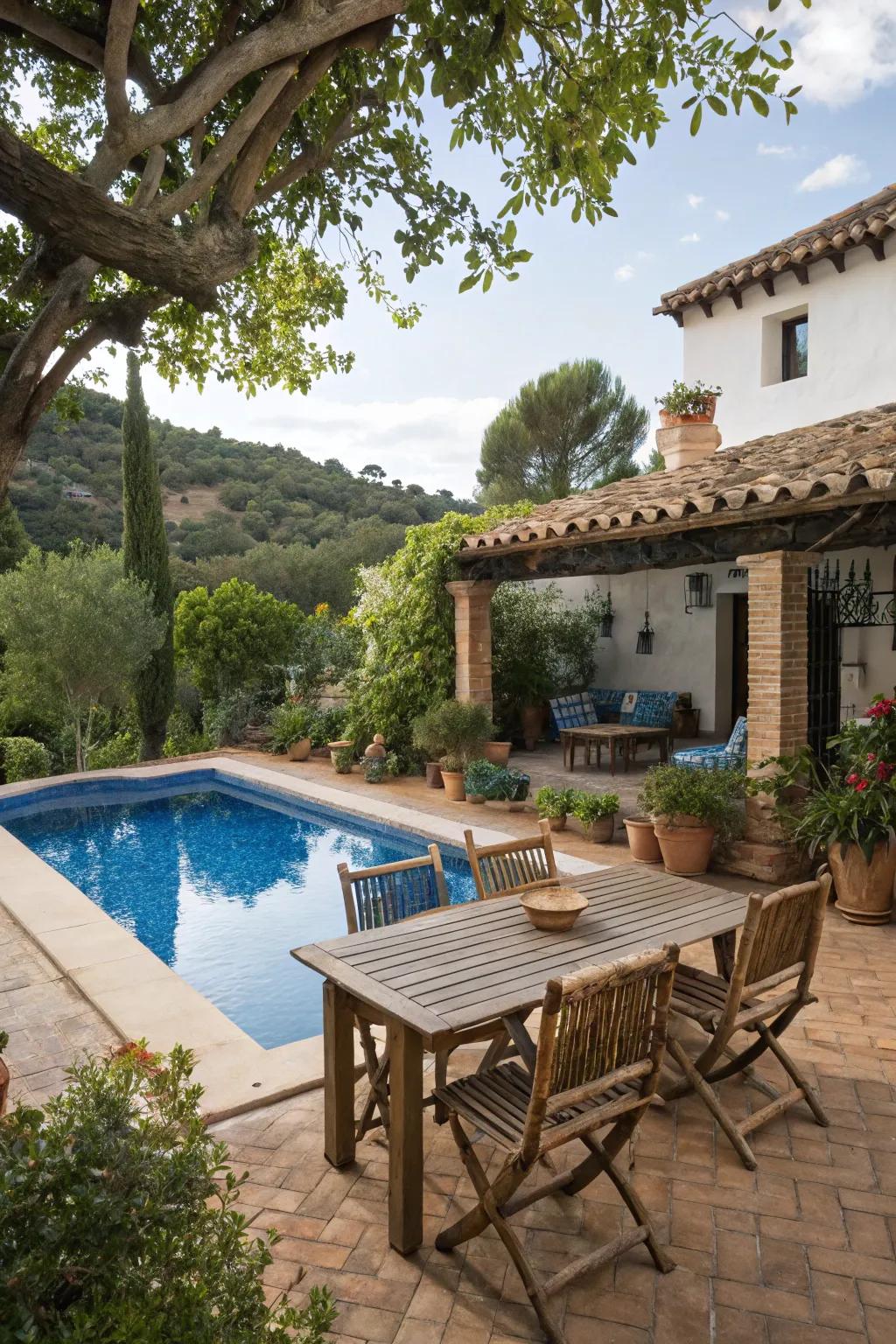 Weathered wood furnishings offer a welcoming spot in this Spanish-inspired backyard.