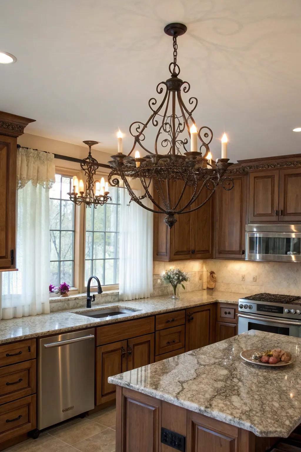 Worked iron lighting adds rustic elegance to the space.