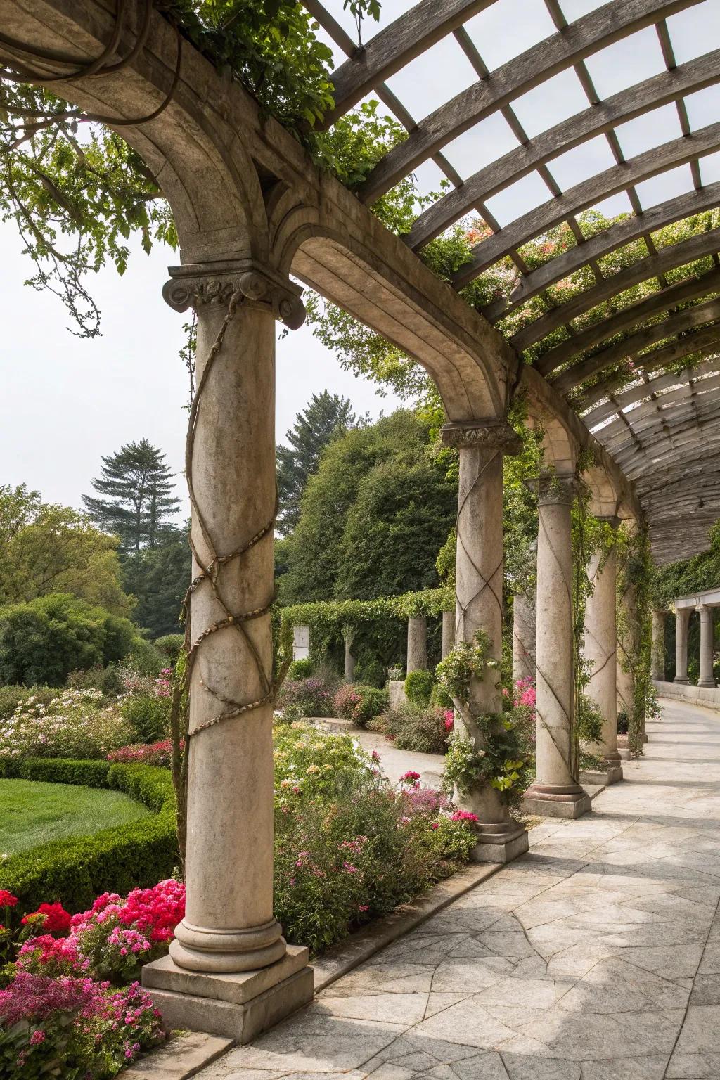 The pergola is made more elegant by the addition of arches and columns.