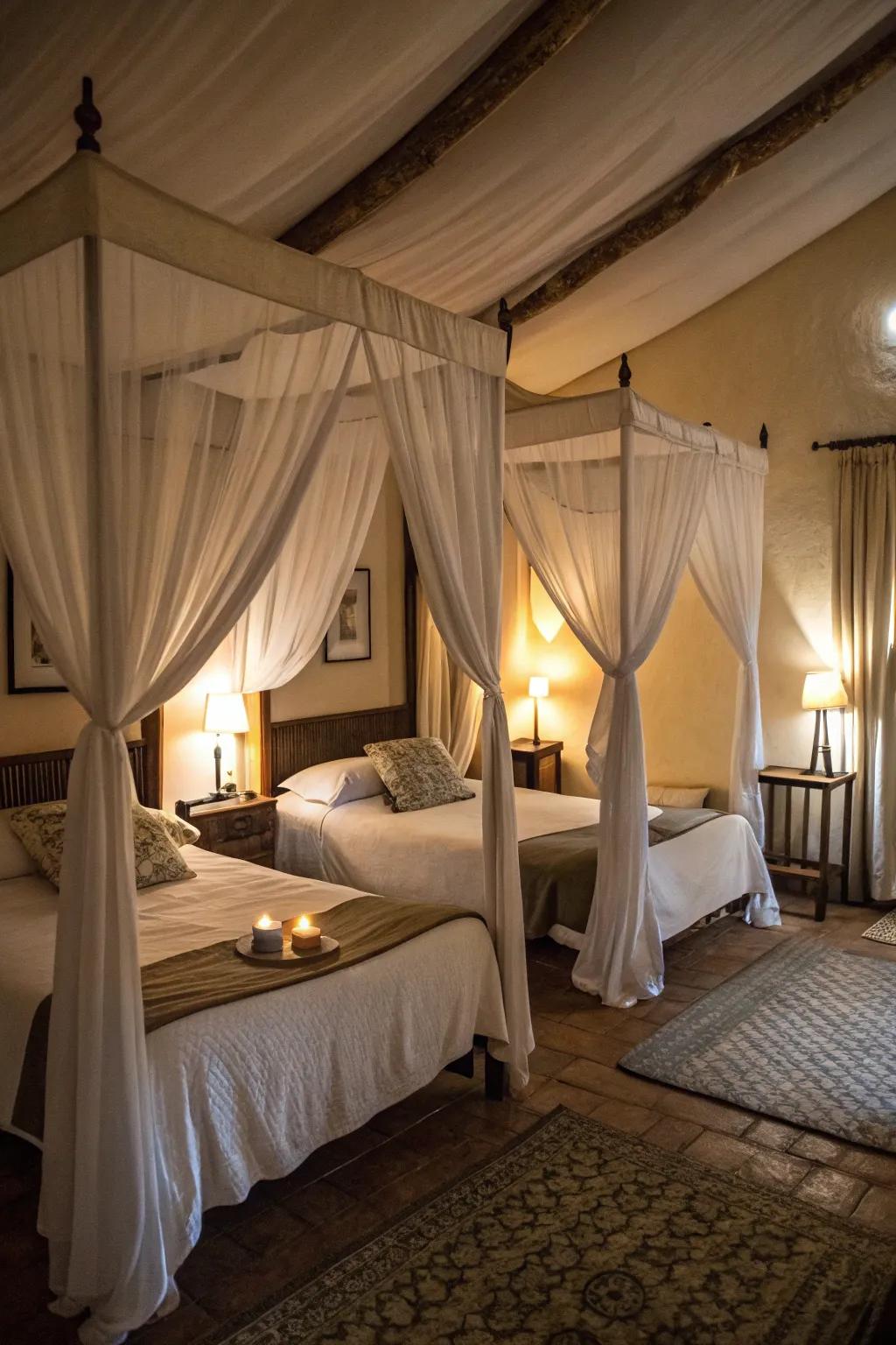 Canopies provide privacy and comfort in shared rooms.