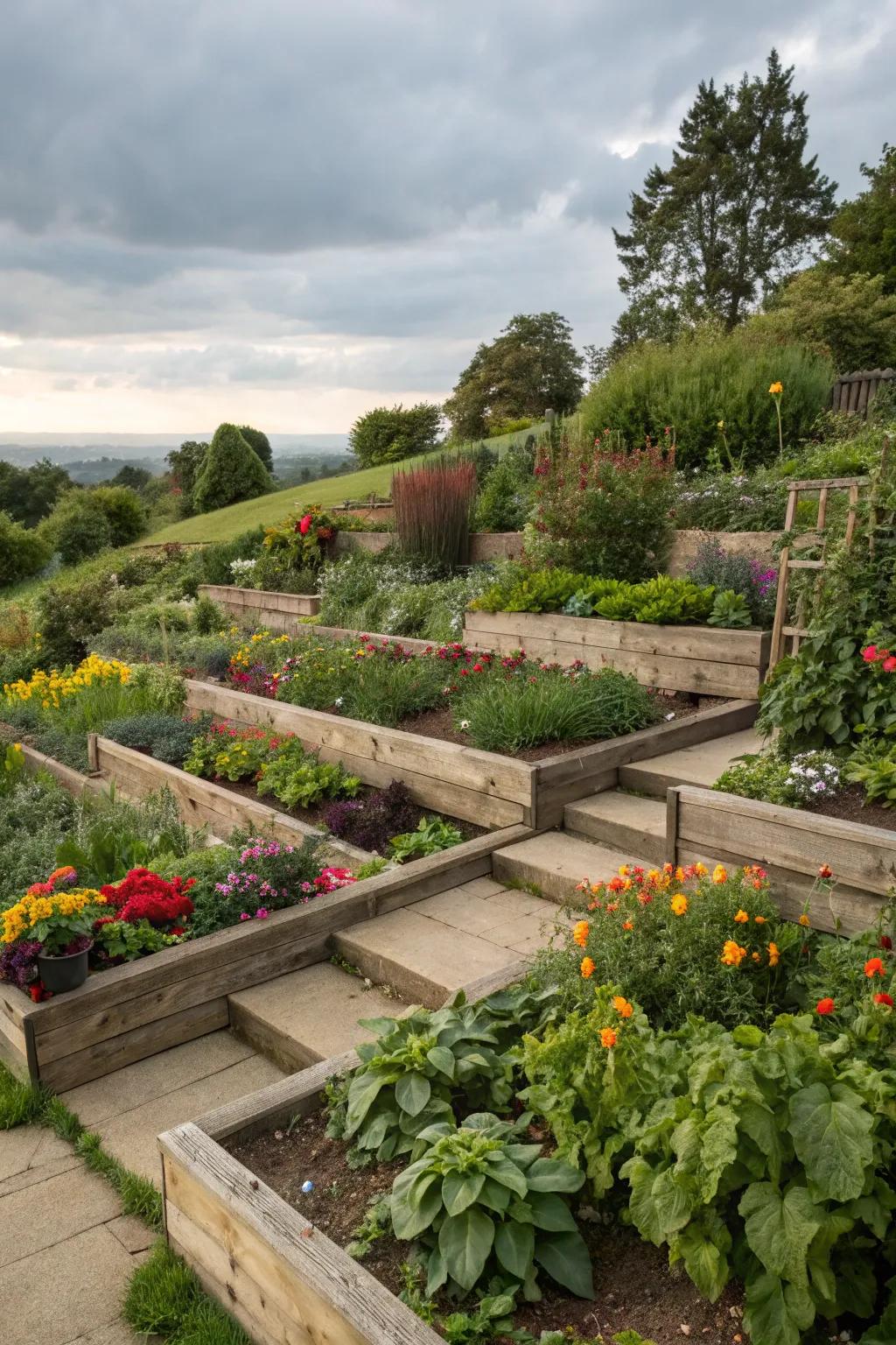 Raised beds adding dimension and accessibility.